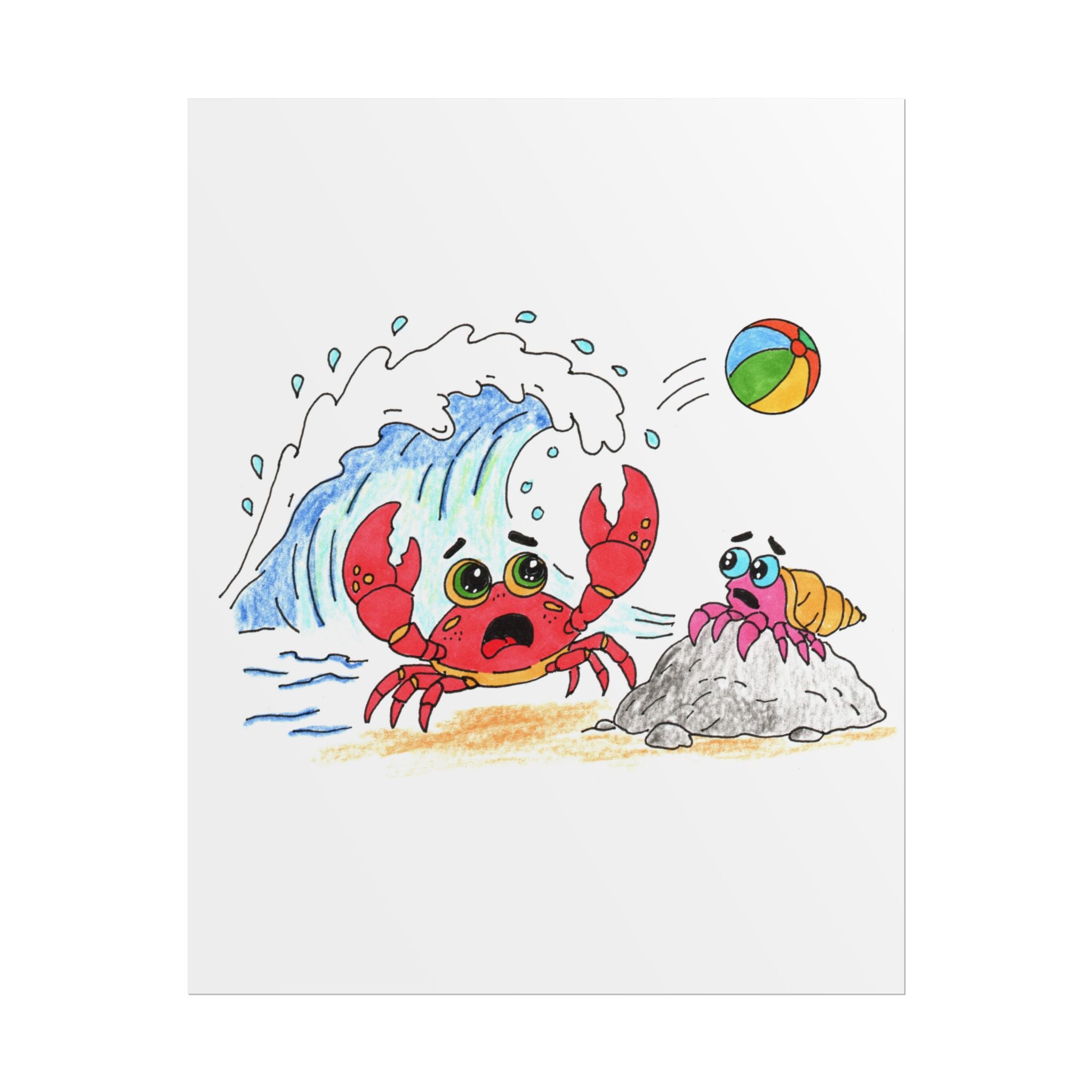 Crab - Big Wave Beach Print, Hand Drawn Crab Wall Art, Ocean Adventure Illustration, Coastal Nursery Decor