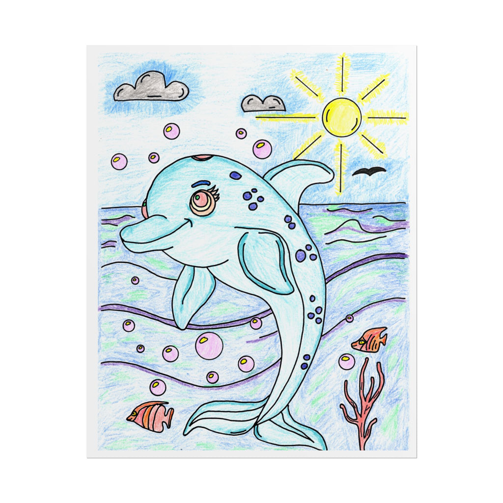 Happy Dolphin Ocean Print, Hand Drawn Sea Animal Wall Art, Cute Dolphin Illustration, Beach Nursery Decor, Children's Room Artwork