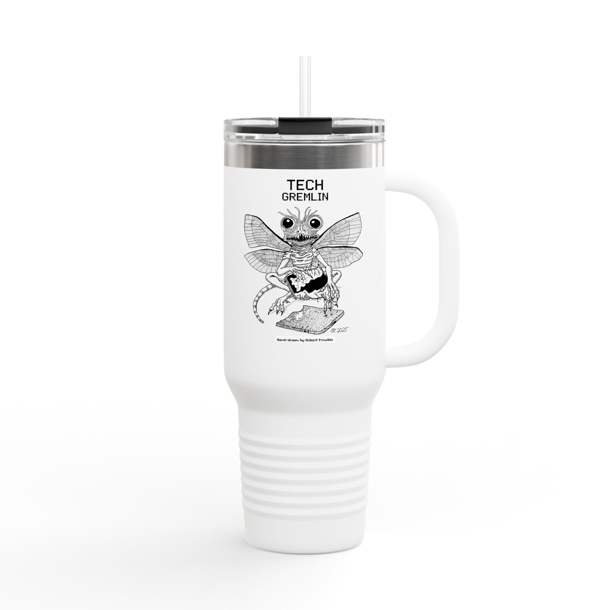 Tech Gremlin Travel Mug – Mischievous Fantasy Art by Robert Trumble