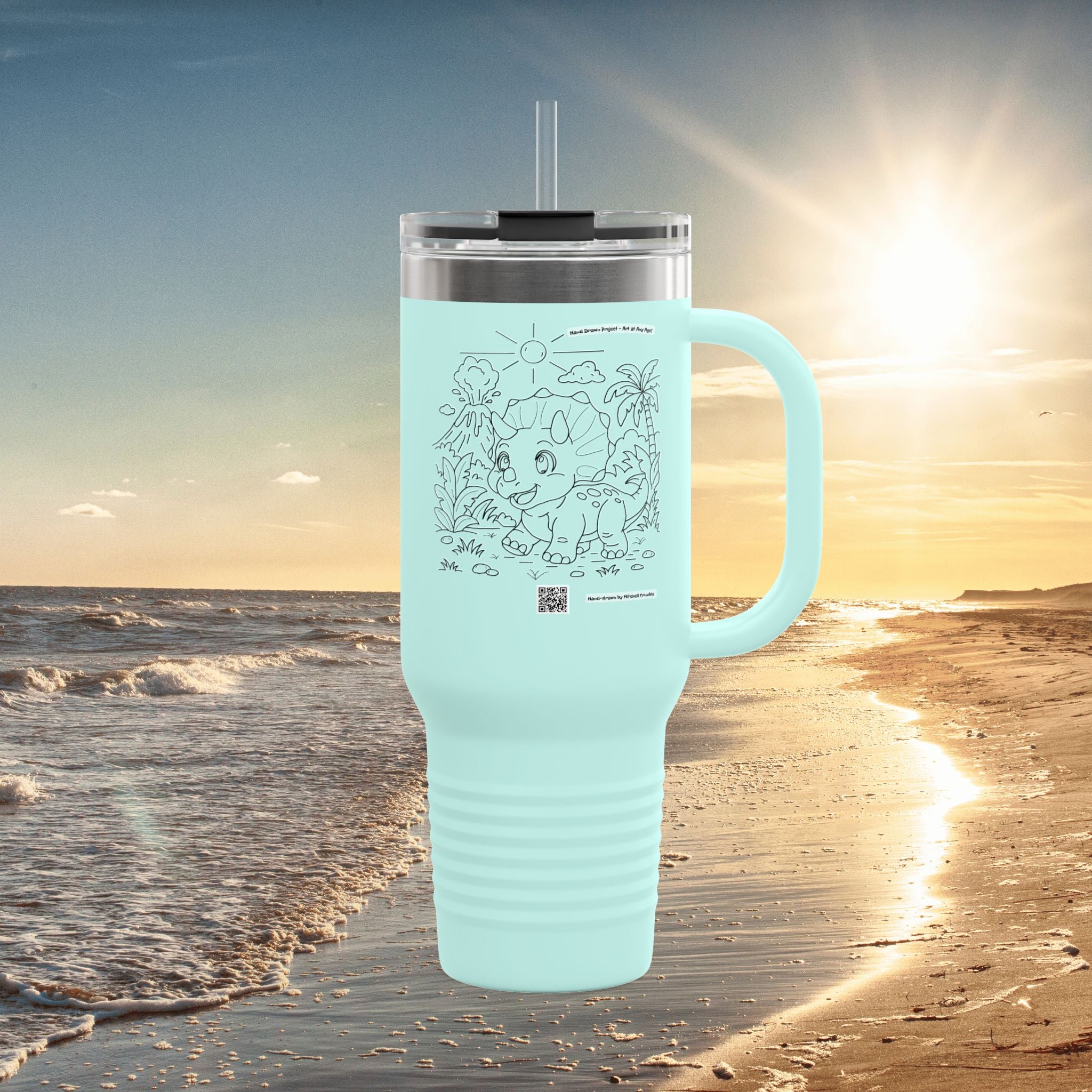 Triceratops Travel Mug | Hand-Drawn Dinosaur Art with QR Code | Fun Gift for Dino Fans