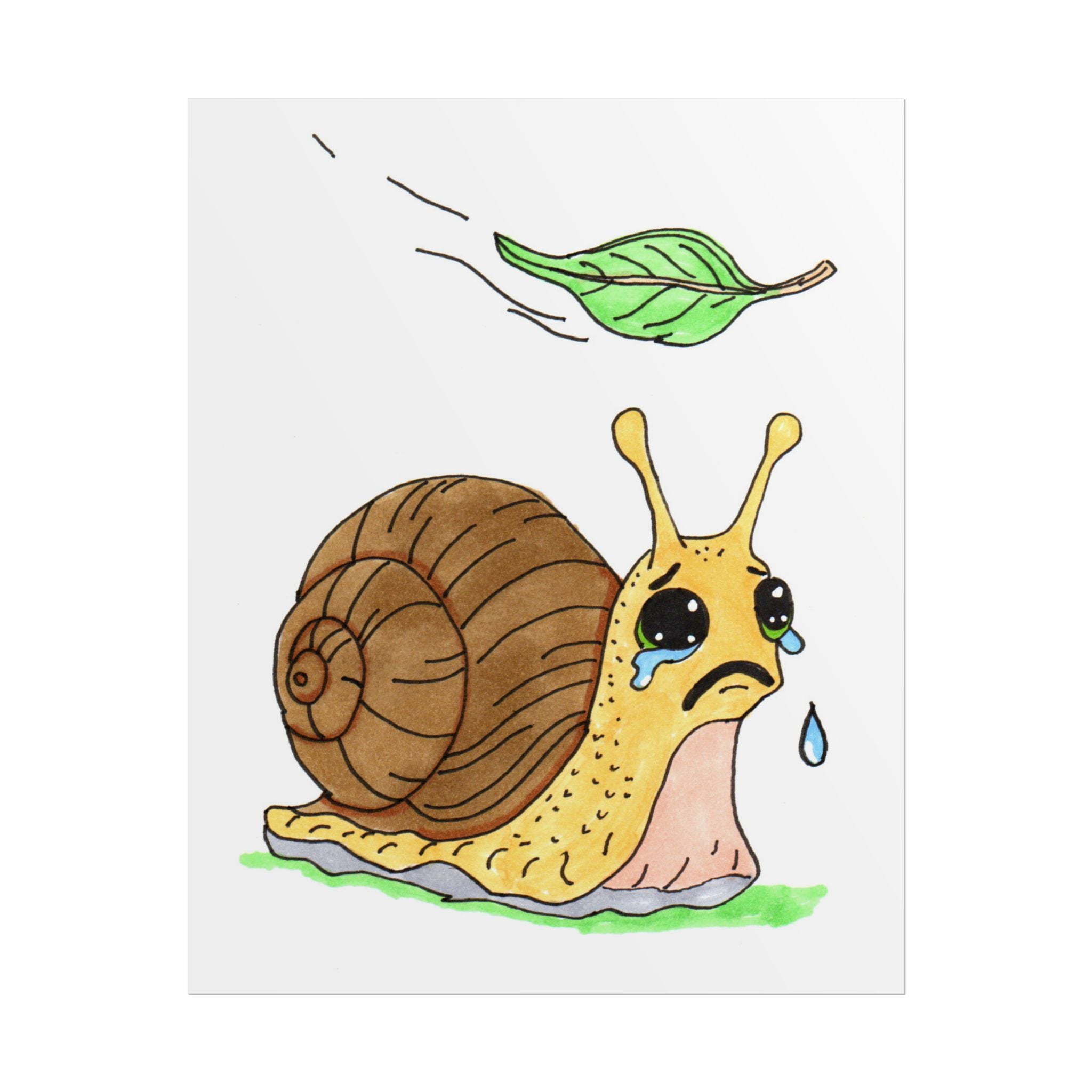 Sad Snail Lost Her Leaf Print, Hand Drawn Snail Wall Art, Whimsical Garden Decor, Cute Nature Illustration, Lost & Found Critter