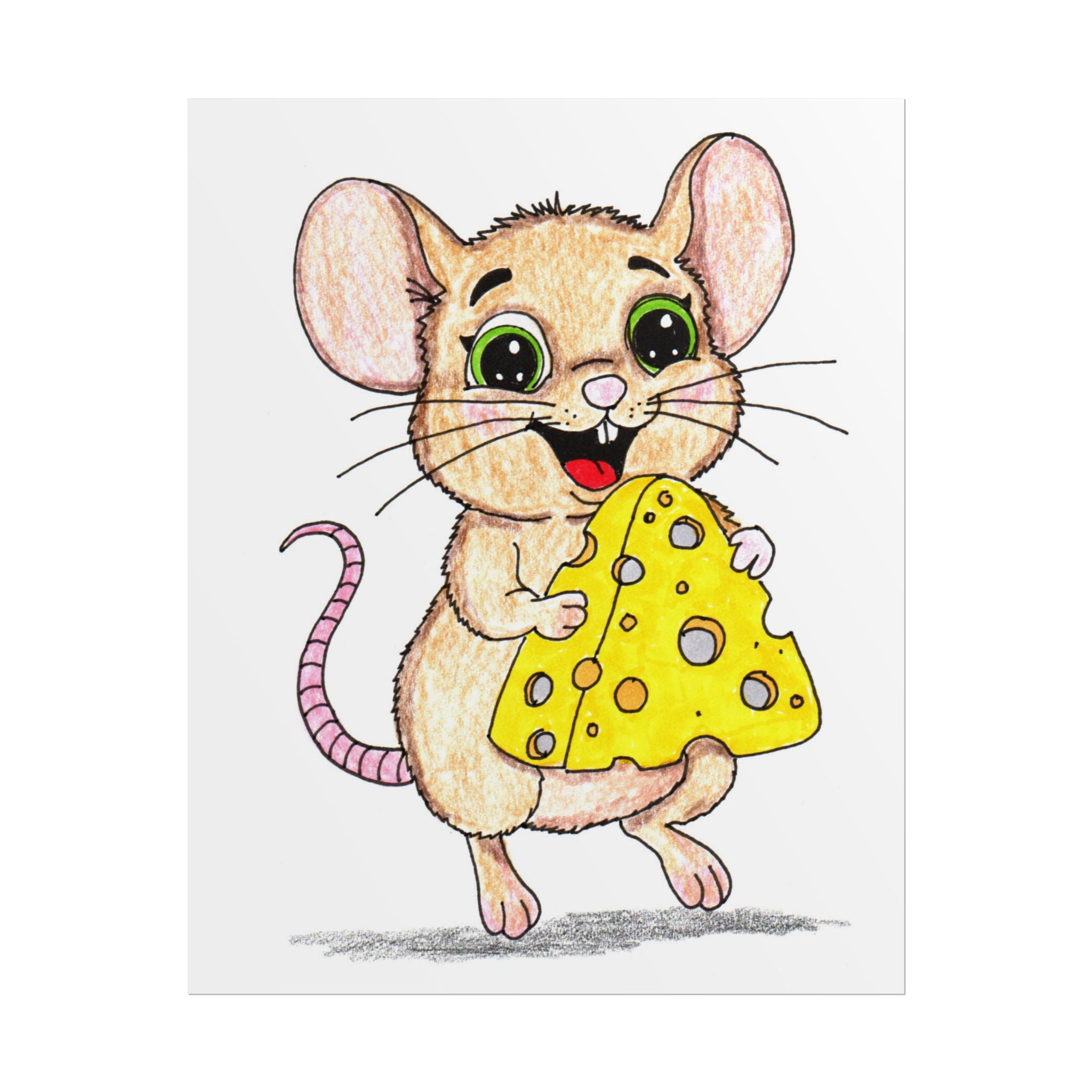 Mouse Found the Cheese - Cute Mouse Wall Art Print - Hand Colored Nursery Decor - Woodland Animal Illustration