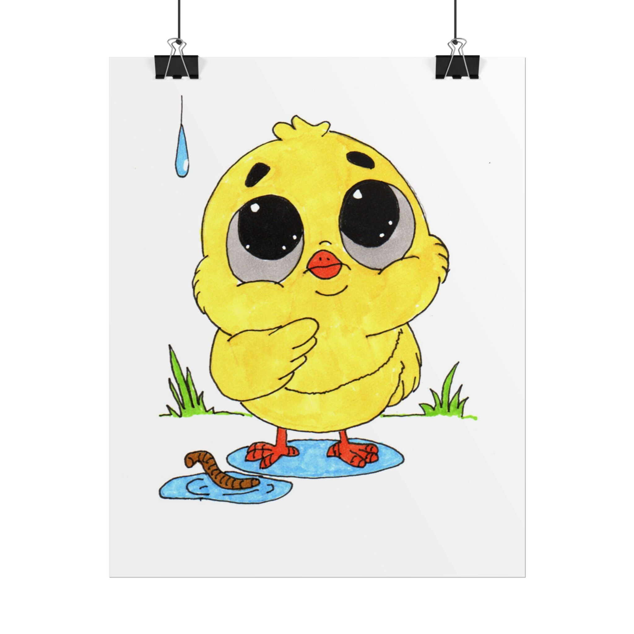 Pondering Chick in the Rain Poster, Nursery Wall Art, Cute Animal Illustration Print