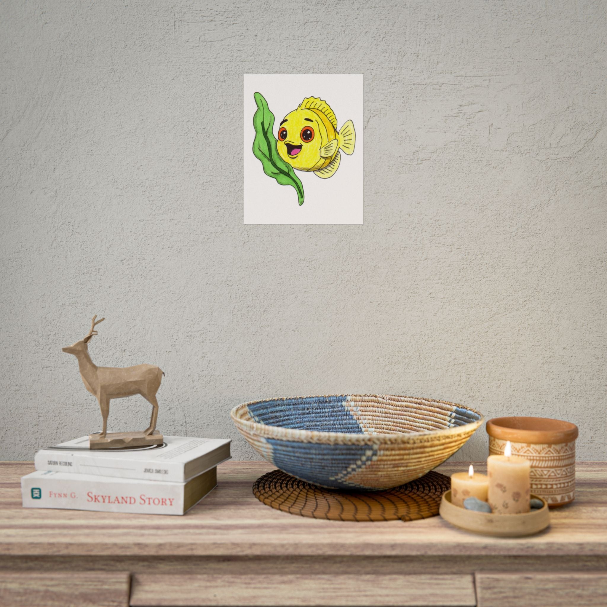 Happy Yellow Fish with Seaweed Print | Cute Hand Drawn Ocean Wall Art