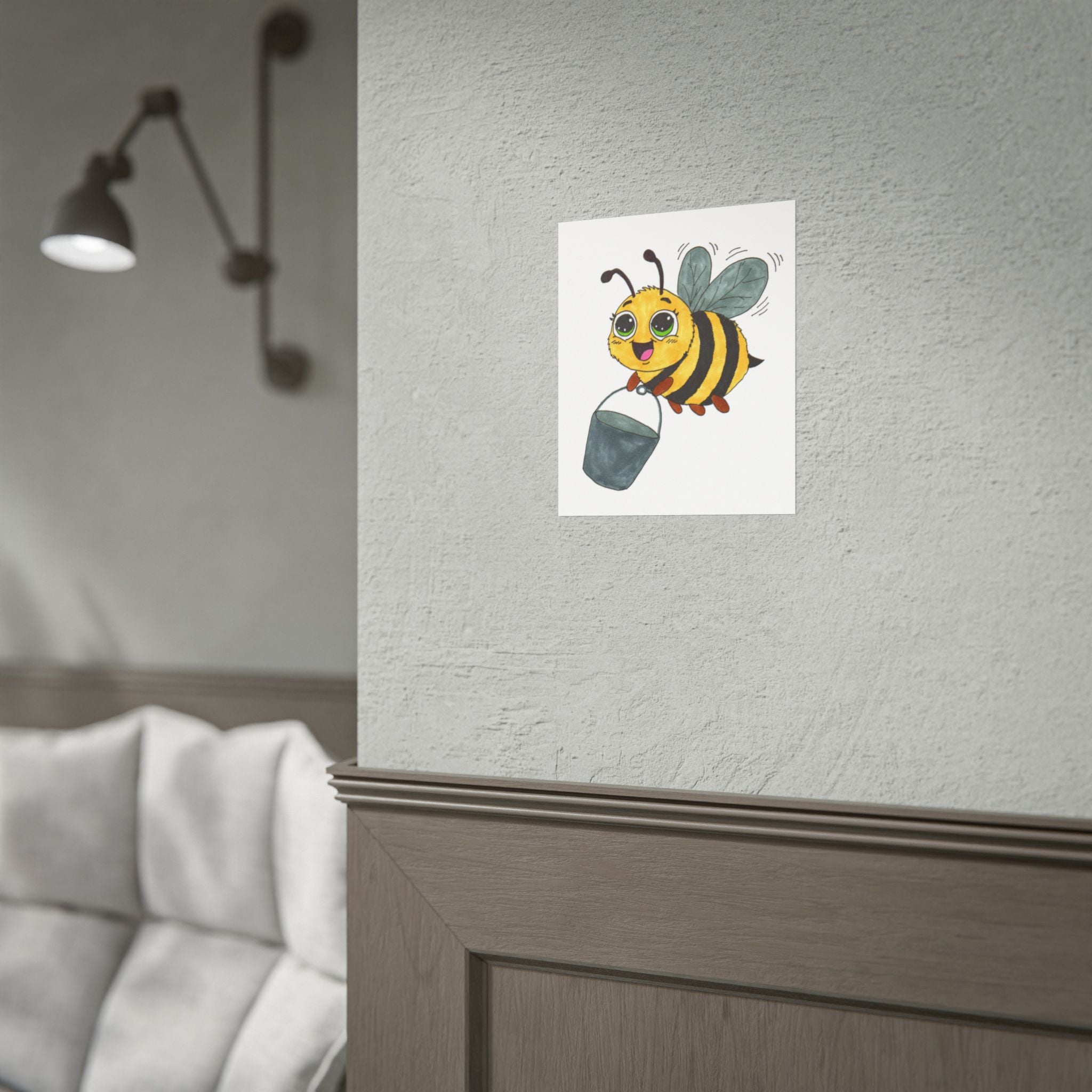 Bee Found Her Bucket Print, Hand Drawn Bee Illustration, Whimsical Insect Decor, Nursery Art, Lost and Found Critters