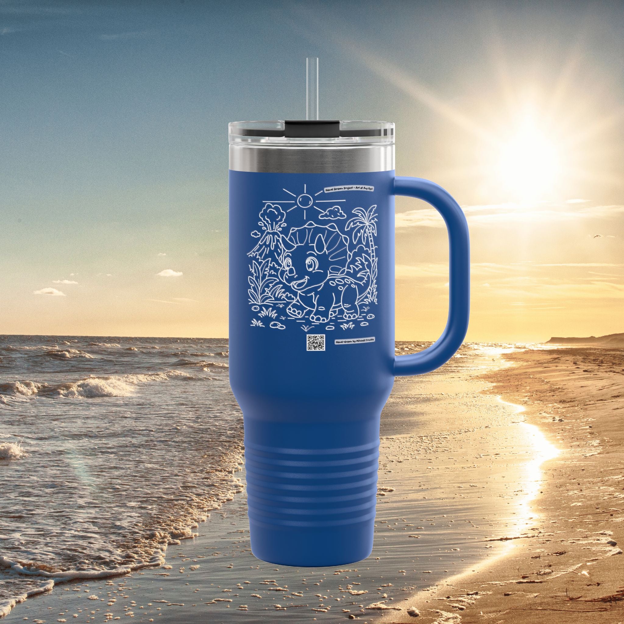 Triceratops Travel Mug | Hand-Drawn Dinosaur Art with QR Code | Fun Gift for Dino Fans
