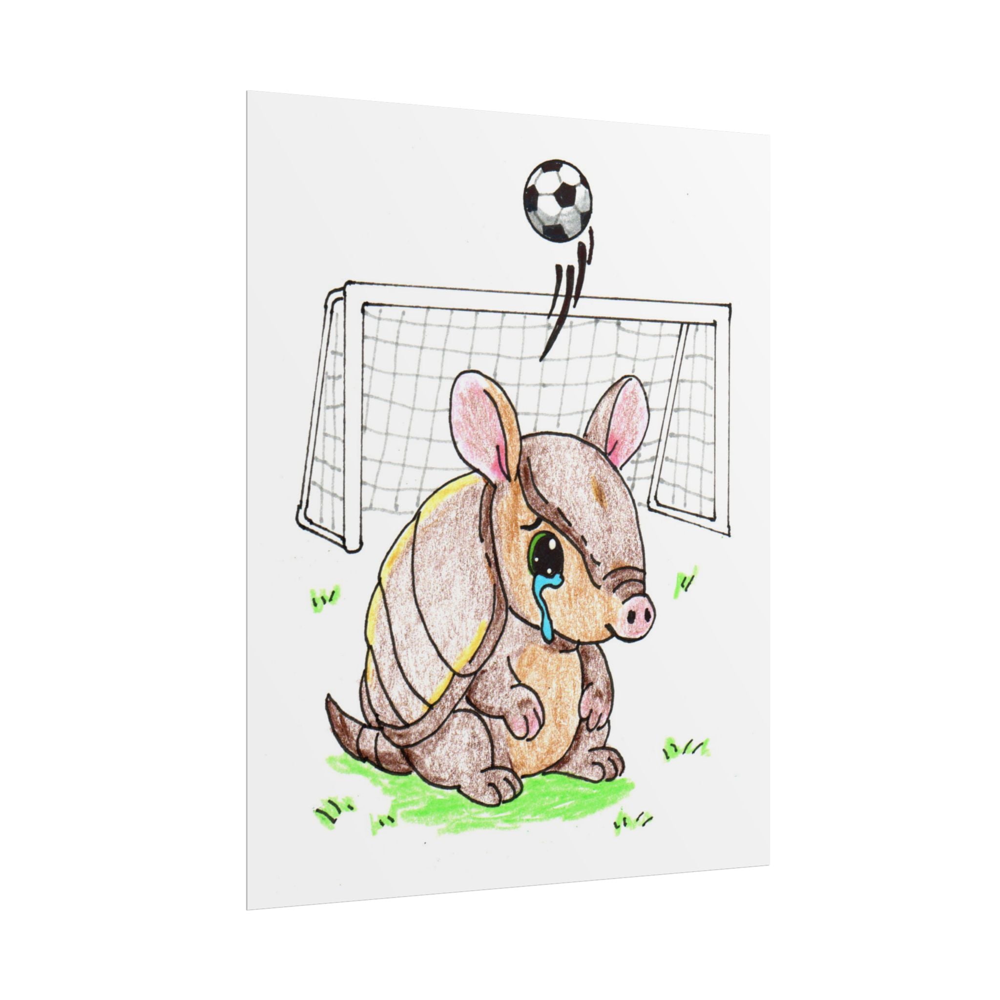 Sad Armadillo Soccer Print, Hand Drawn Lost and Found Critter Wall Art,