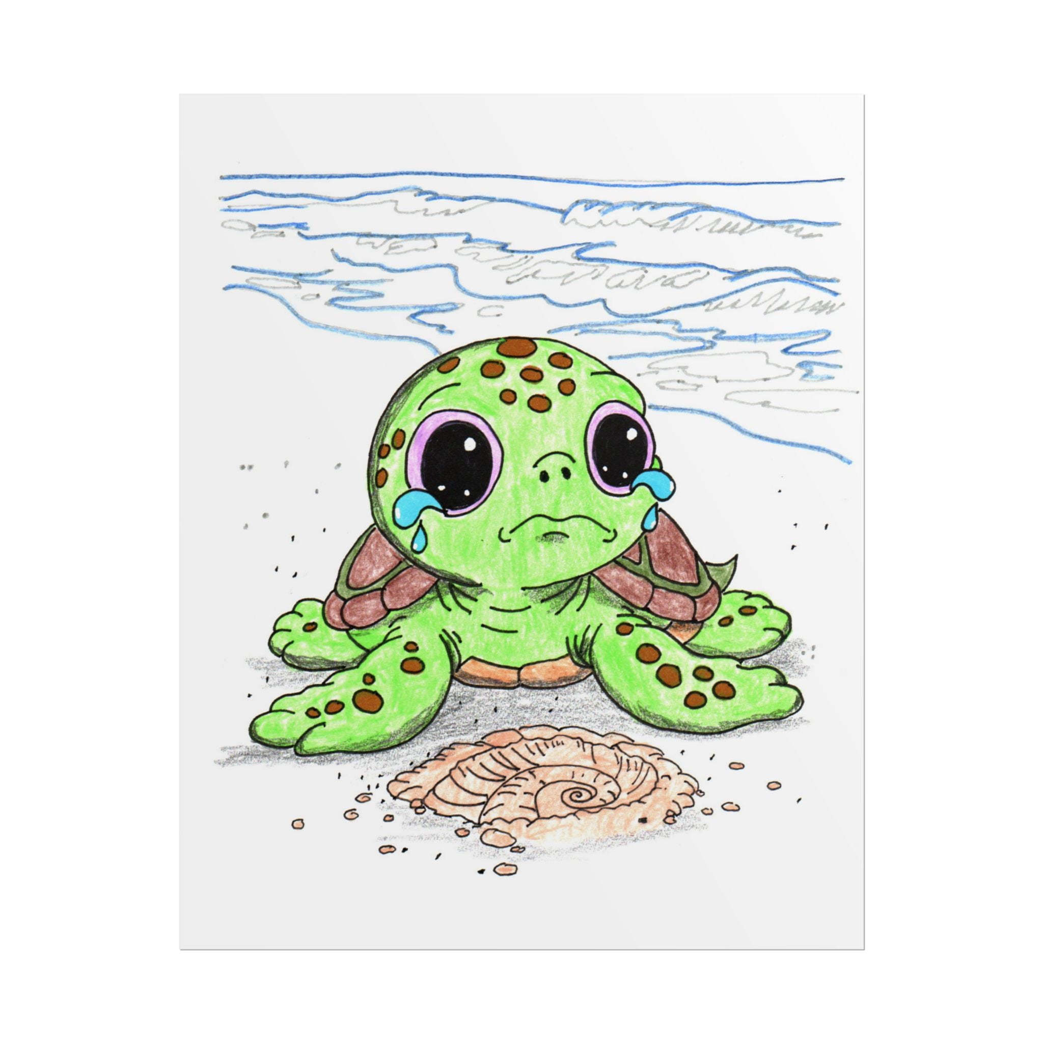 Sad Sea Turtle Lost Her Shell Print, Emotional Turtle Illustration, Beach Baby Room Decor (8x10)