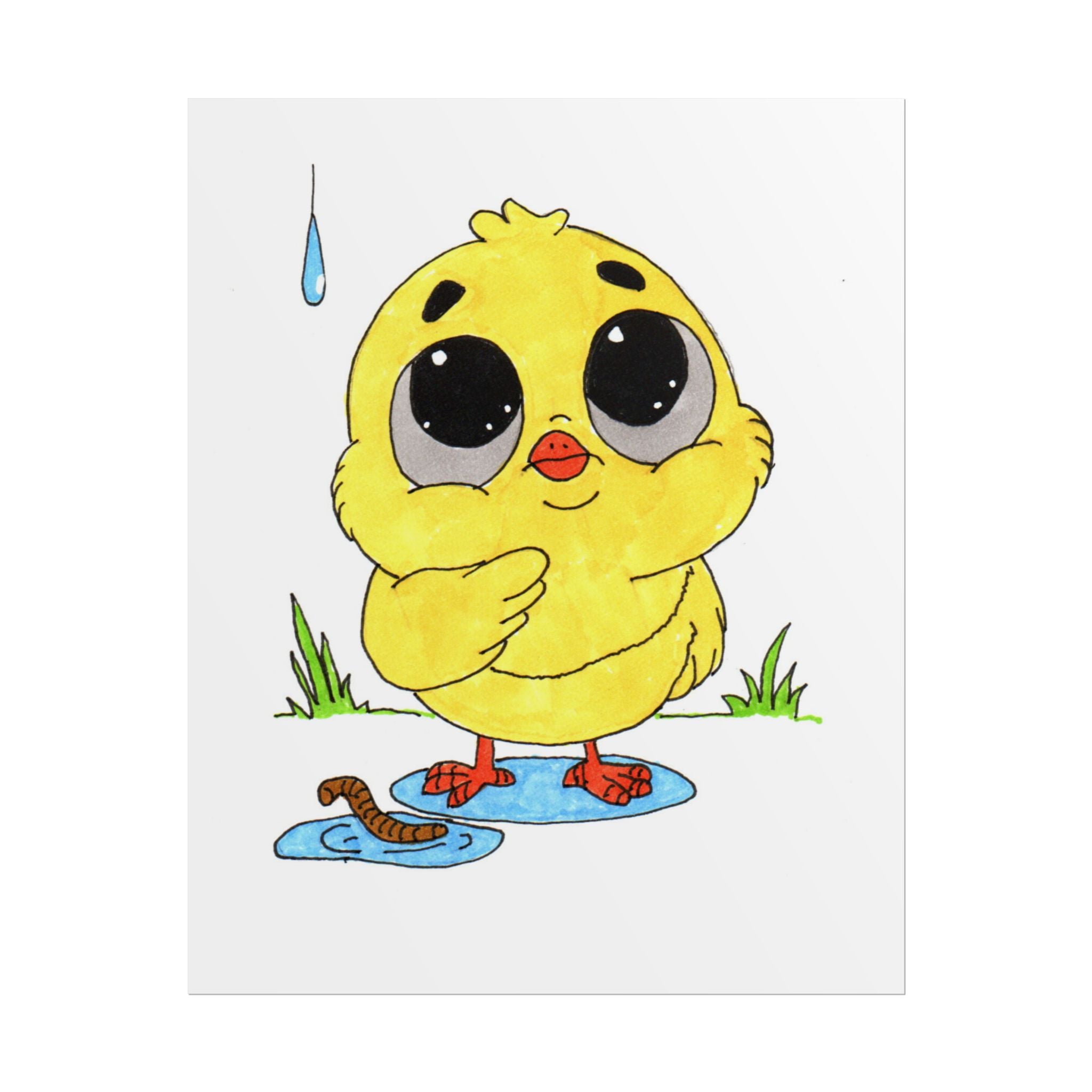 Pondering Chick in the Rain Poster, Nursery Wall Art, Cute Animal Illustration Print