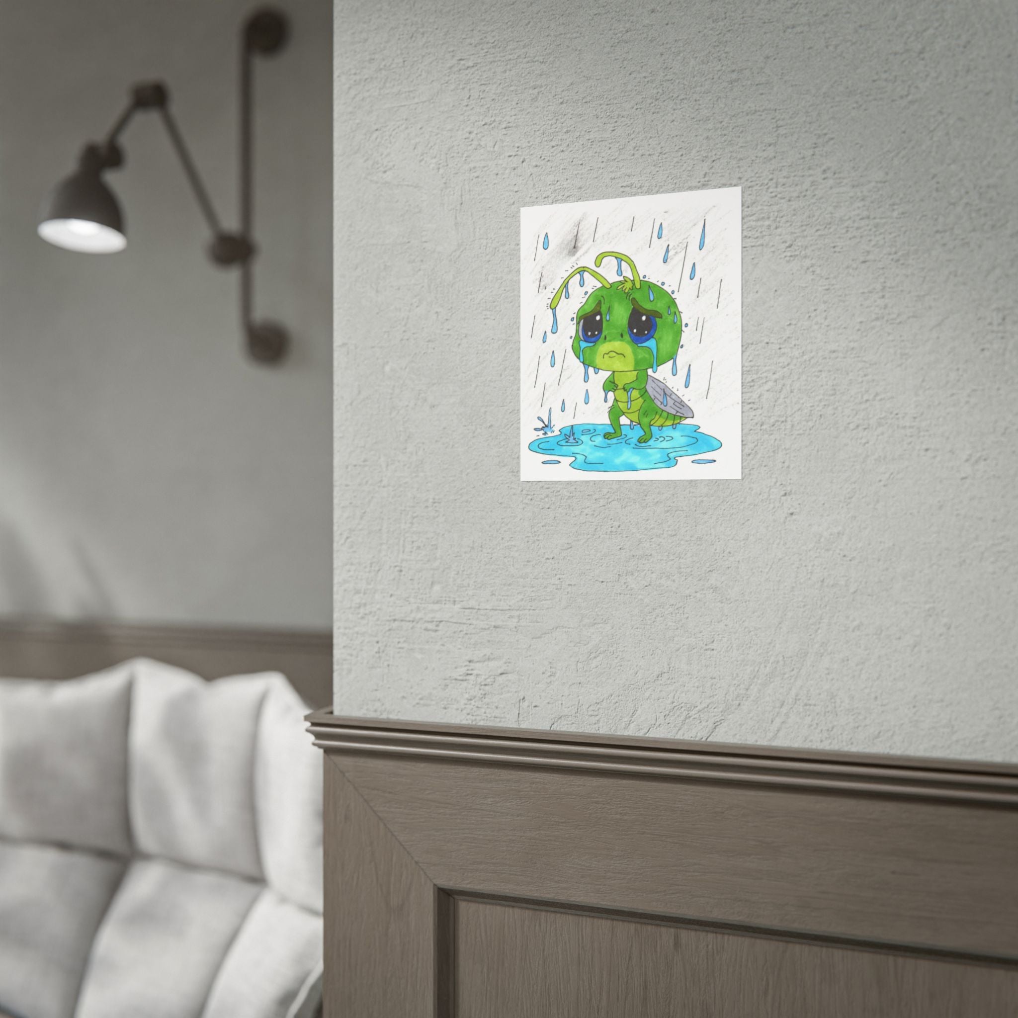 Sad Grasshopper Rain Print | Hand Drawn Nature Wall Art | Emotional Insect Illustration | Whimsical Woodland Decor | 8x10 Art Print | 8 X 10