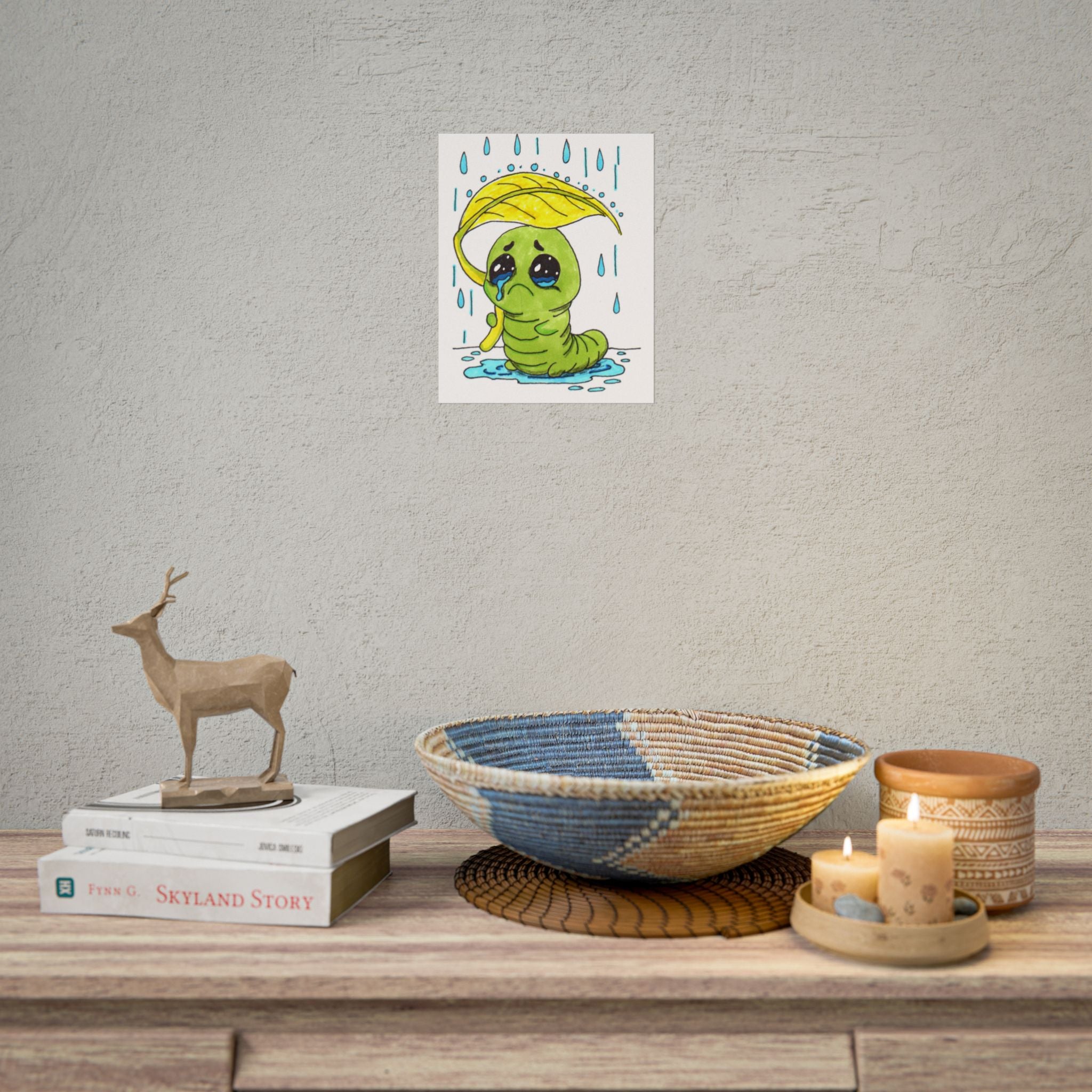 Sad Inchworm Rain Print, Hand Drawn Caterpillar Nursery Wall Art