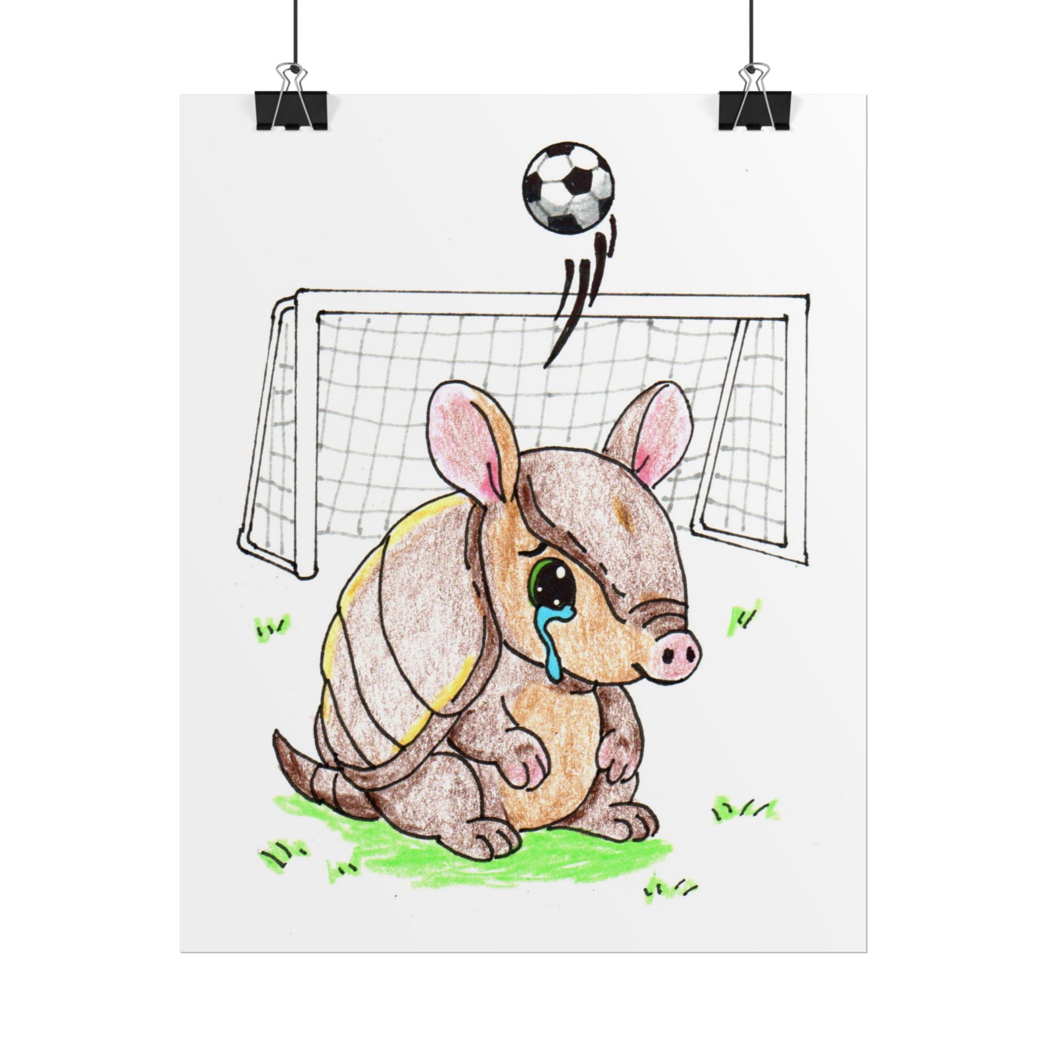Sad Armadillo Soccer Print, Hand Drawn Lost and Found Critter Wall Art,