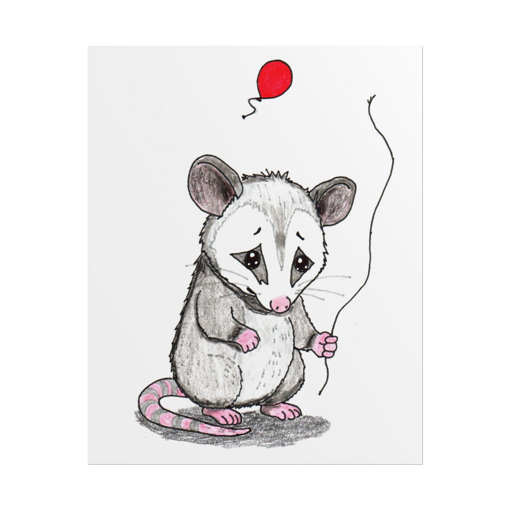 Opossum Lost Her Balloon Print | Hand Drawn Woodland Animal Wall Art