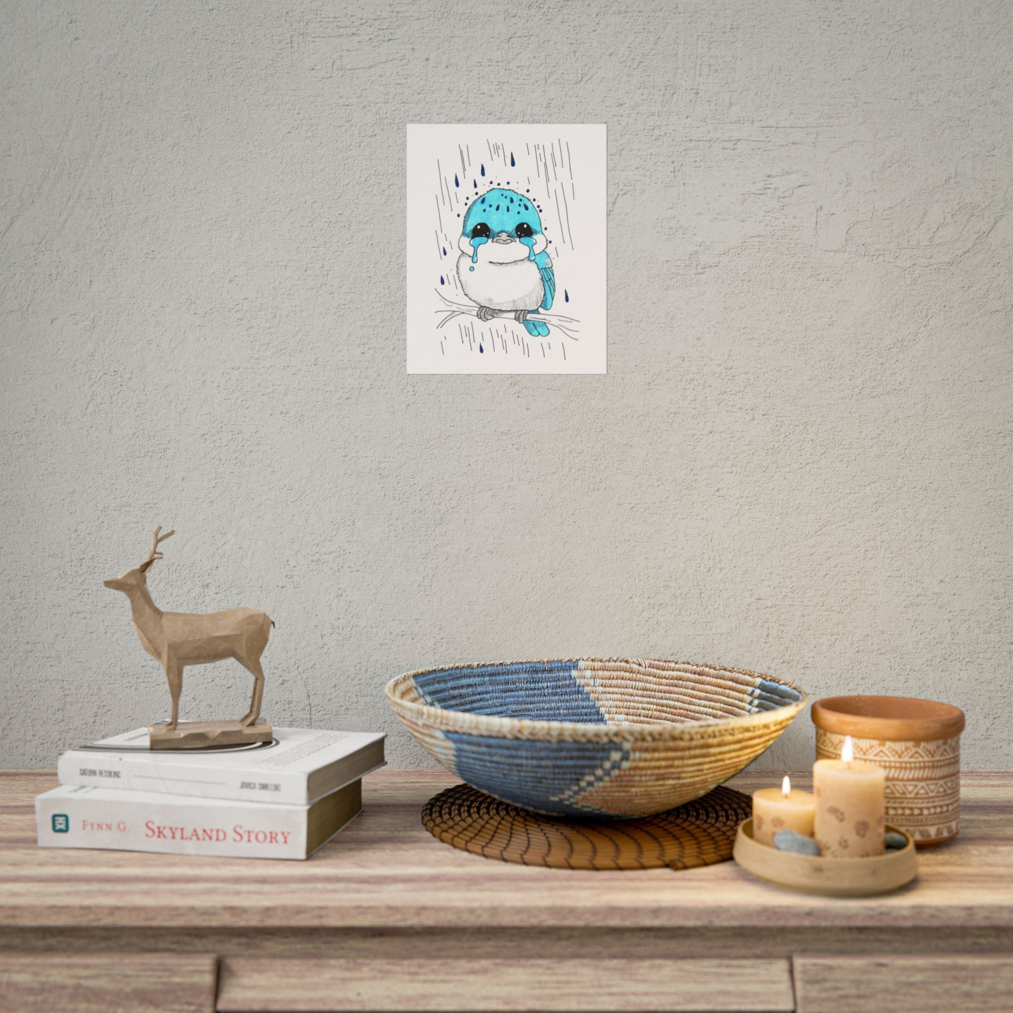 Sad Bluebird in the Rain Poster, Nursery Wall Art, Cute Animal Illustration Print