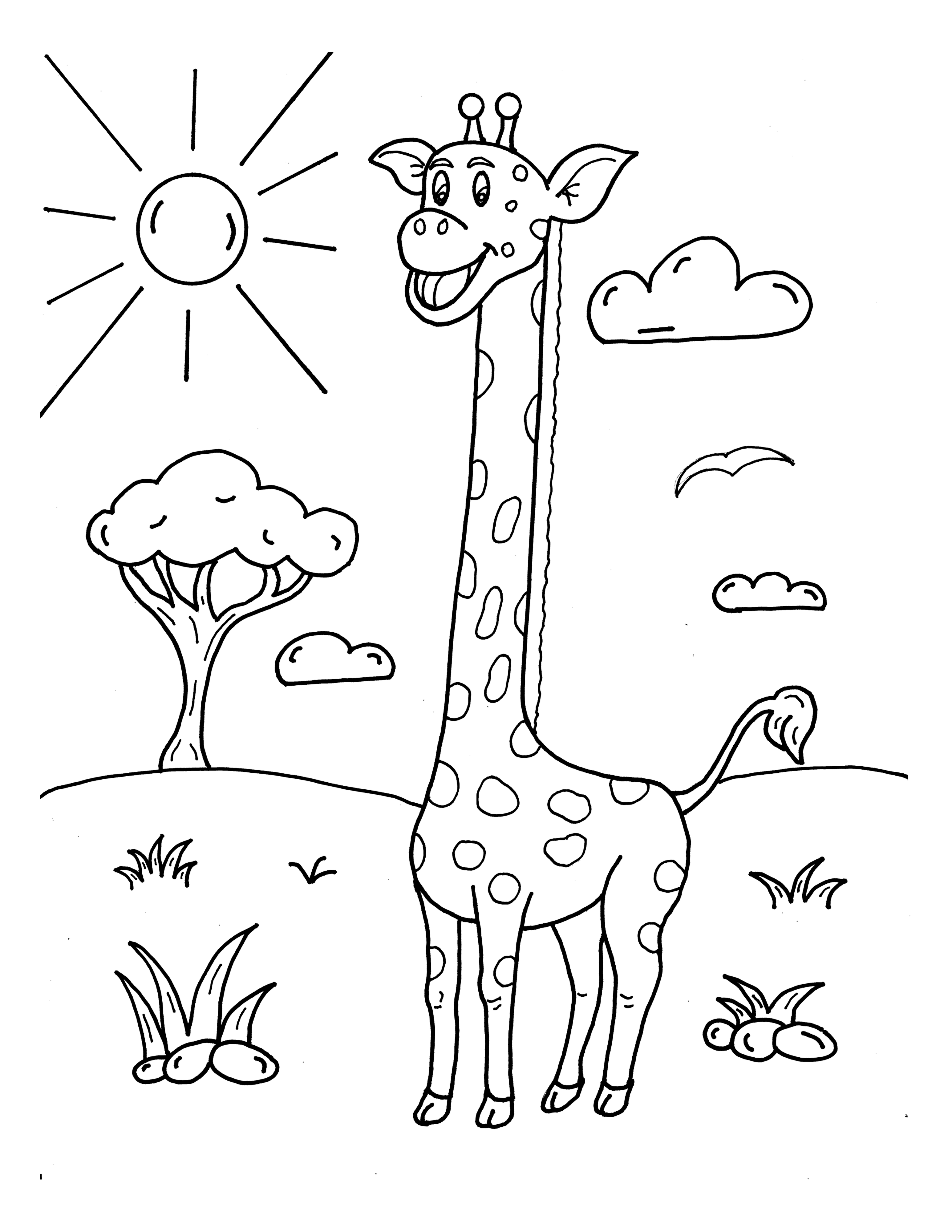 Free Happy Giraffe in Sun Coloring Page | Printable PDF for Kids