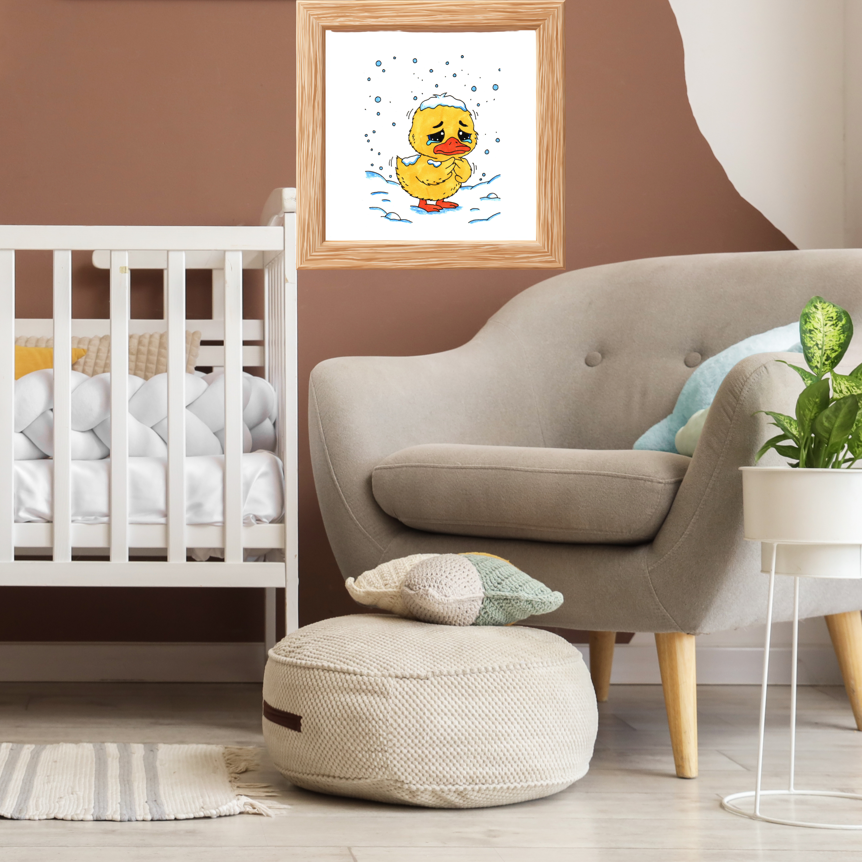 Cold Duckling in the Snow Print, Sad Winter Duck Wall Art, Hand Drawn Nursery Decor, Whimsical Animal Illustration