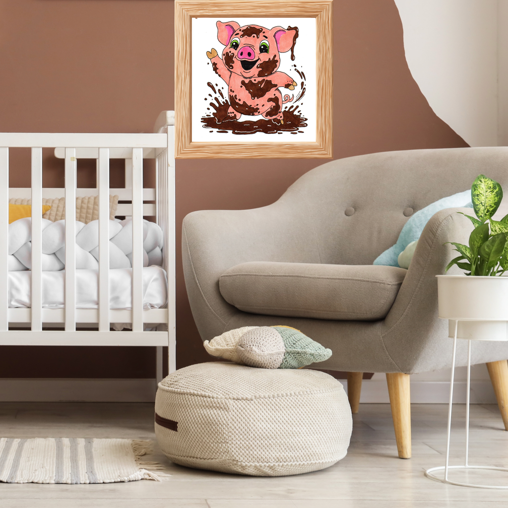 Hand Drawn Pig Found Mud Print, Cute Farm Animal Wall Art, Happy Pig Illustration, Nursery Decor, 8x10 Children's Room Art