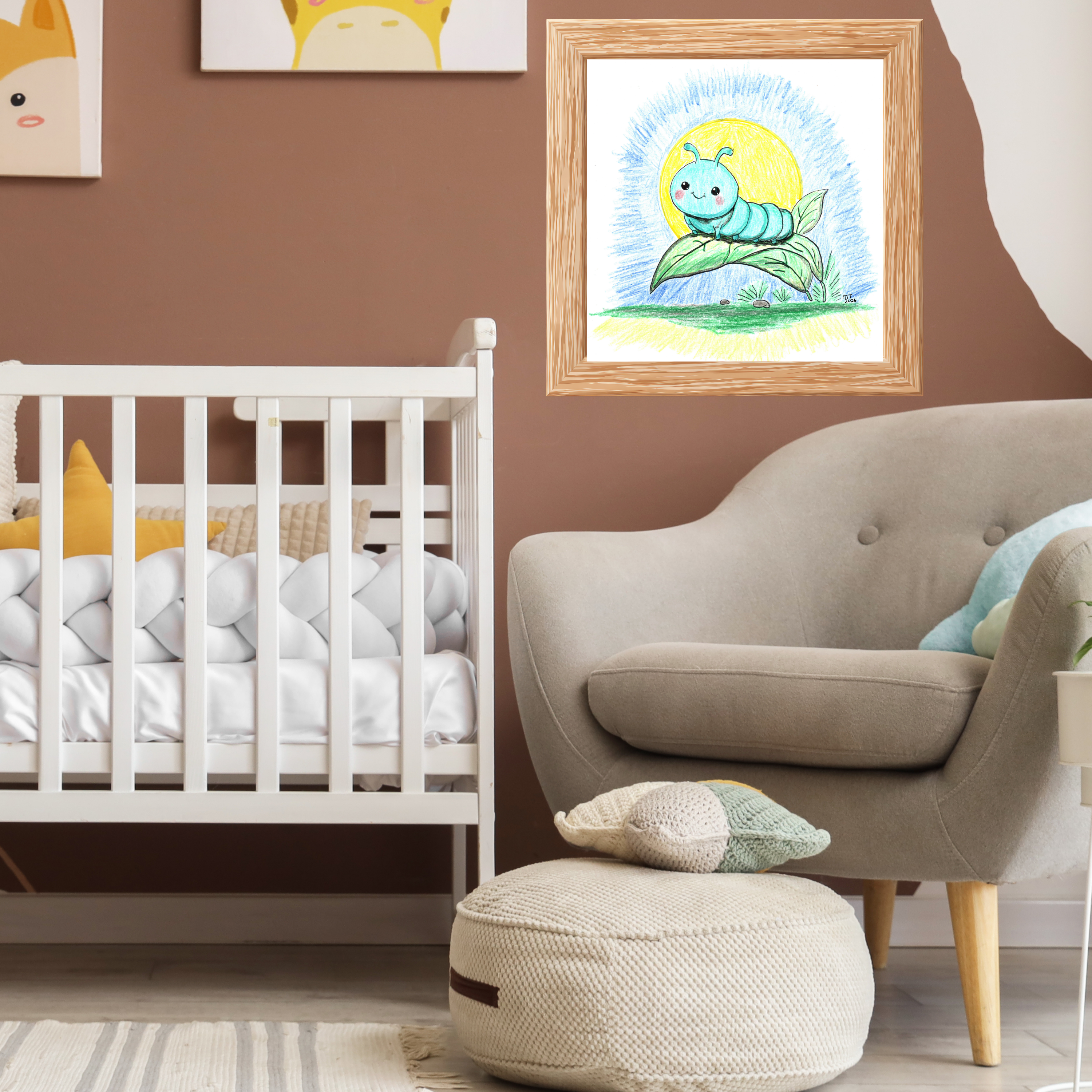 Bobbie the Smiling Inchworm Wall Art | Cute Caterpillar Nursery Print | Hand Drawn Garden Bug Art
