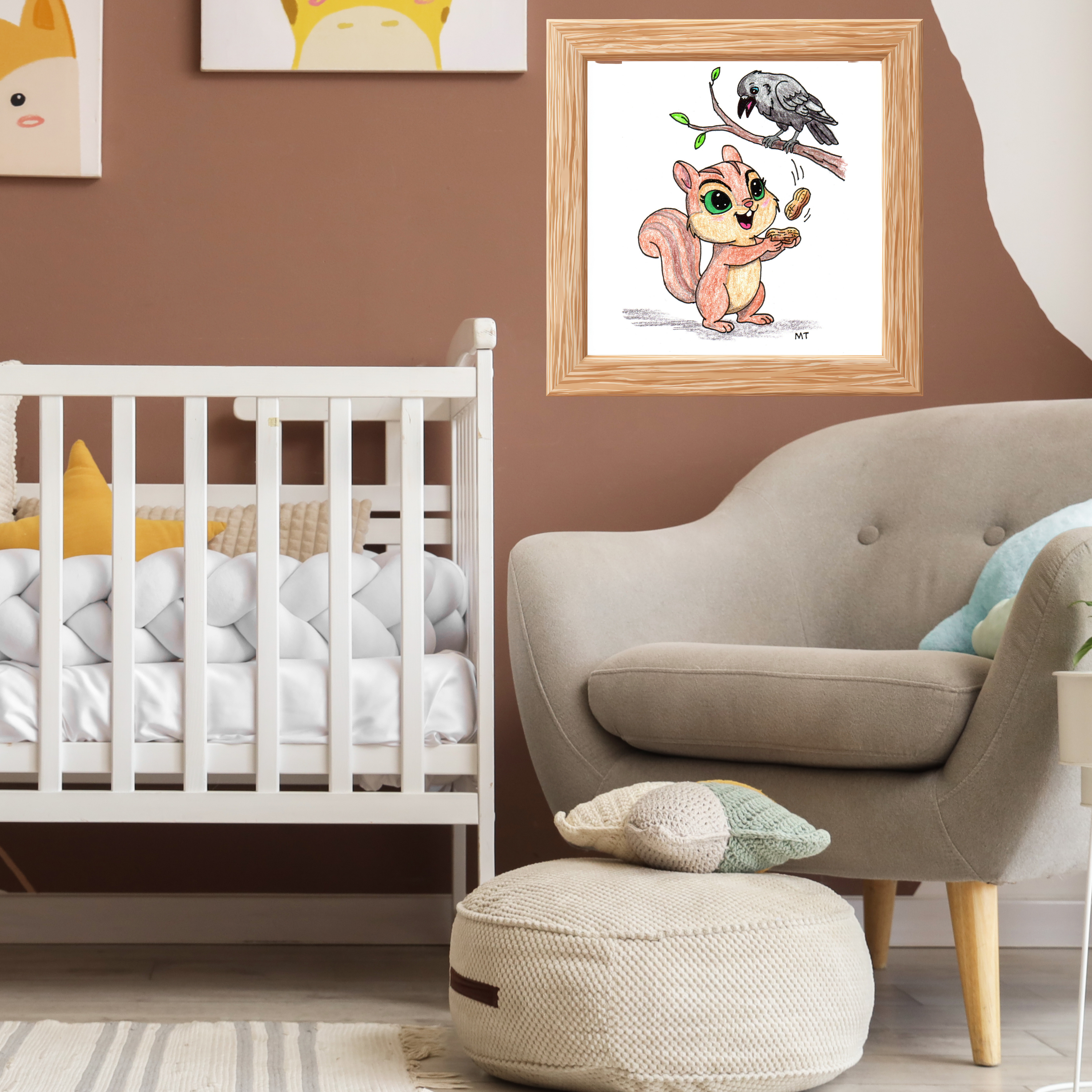 Happy Chipmunk and Crow Peanut Print | Woodland Animal Wall Art