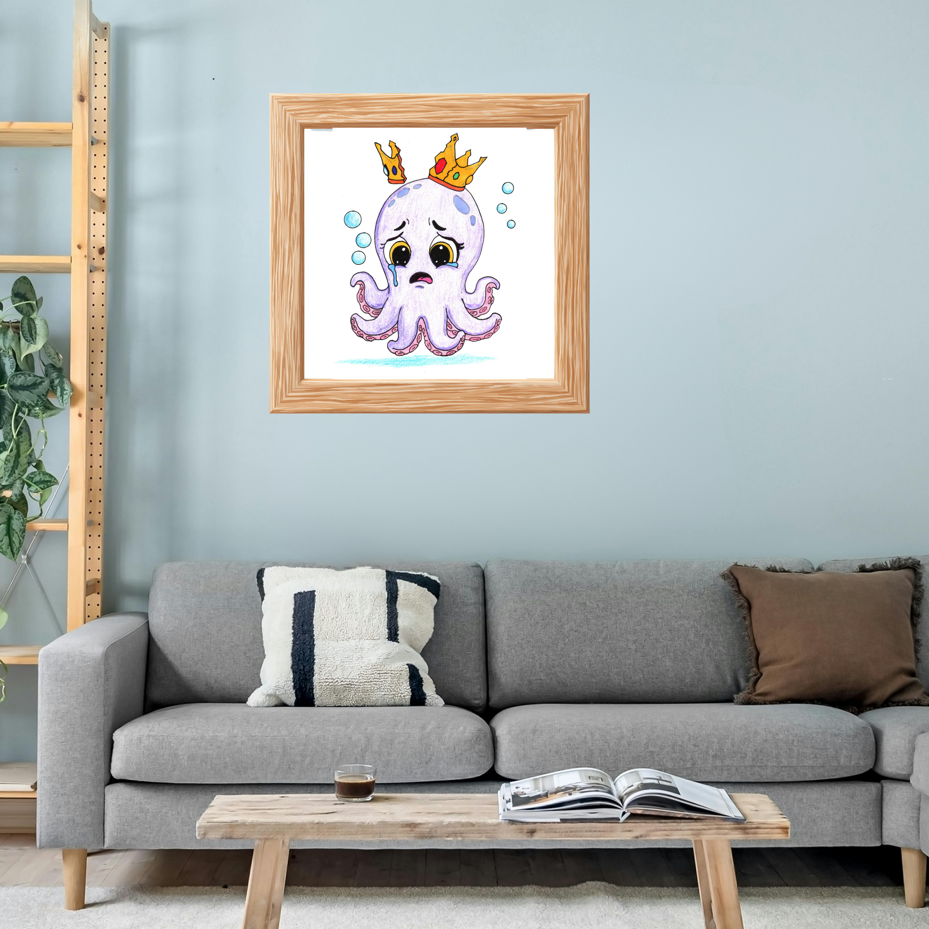Sad Octopus Wall Art Print, Lost Her Crown, Cute Purple Octopus