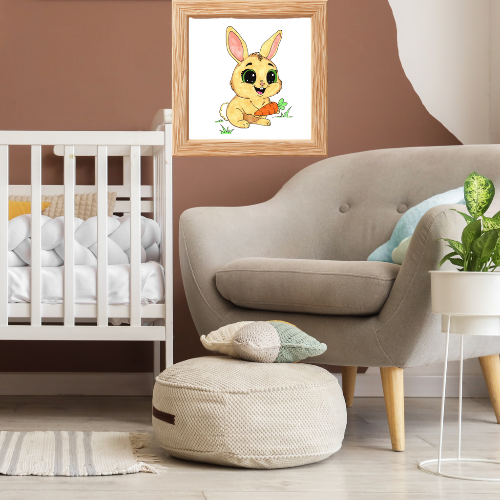 Happy Rabbit with Carrot Print, Cute Bunny Wall Art, Hand Drawn Nursery Decor