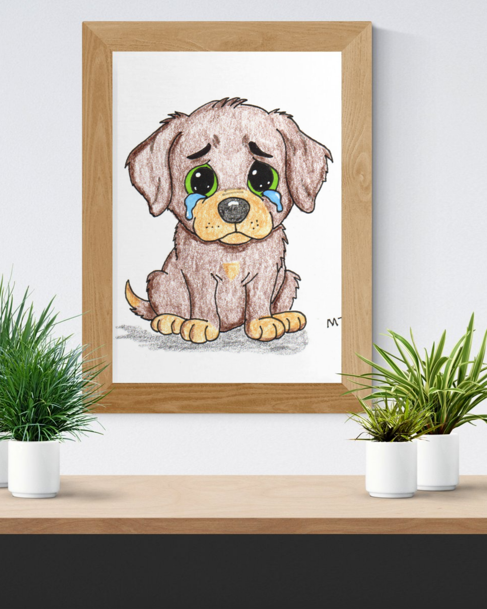 Sad Puppy Wall Art Print, Hand Drawn Dog Illustration, Lost Bone Puppy, Nursery Decor, Kids Room Art