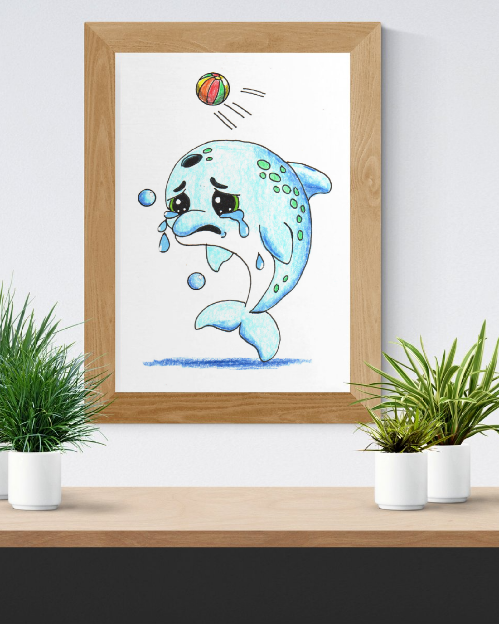 Sad Dolphin Lost Her Beach Ball Print, Hand Drawn Dolphin Wall Art, Ocean Nursery Decor, Cute Sea Animal Illustration
