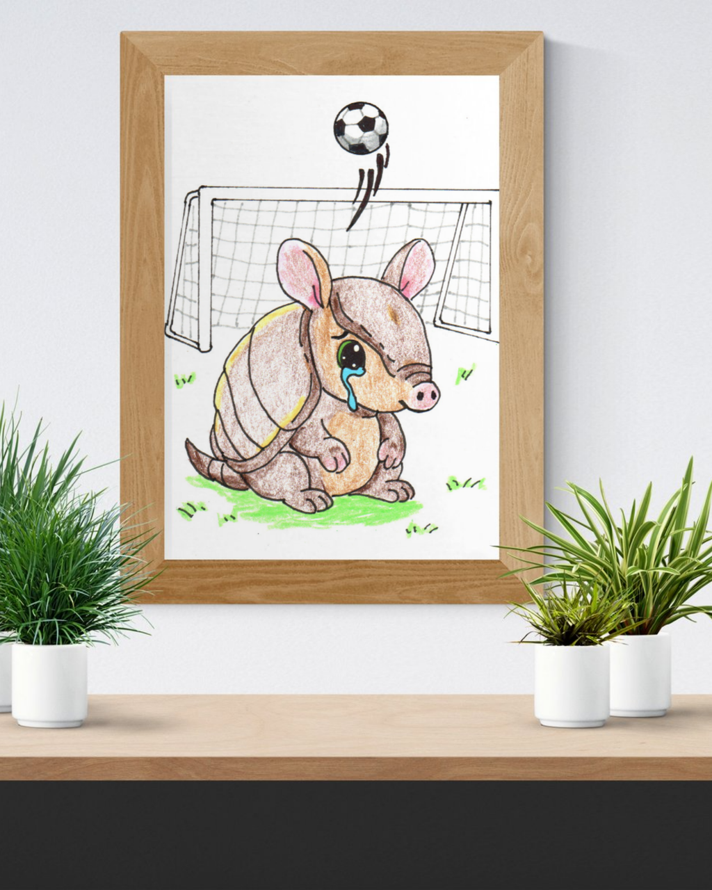 Sad Armadillo Soccer Print, Hand Drawn Lost and Found Critter Wall Art,