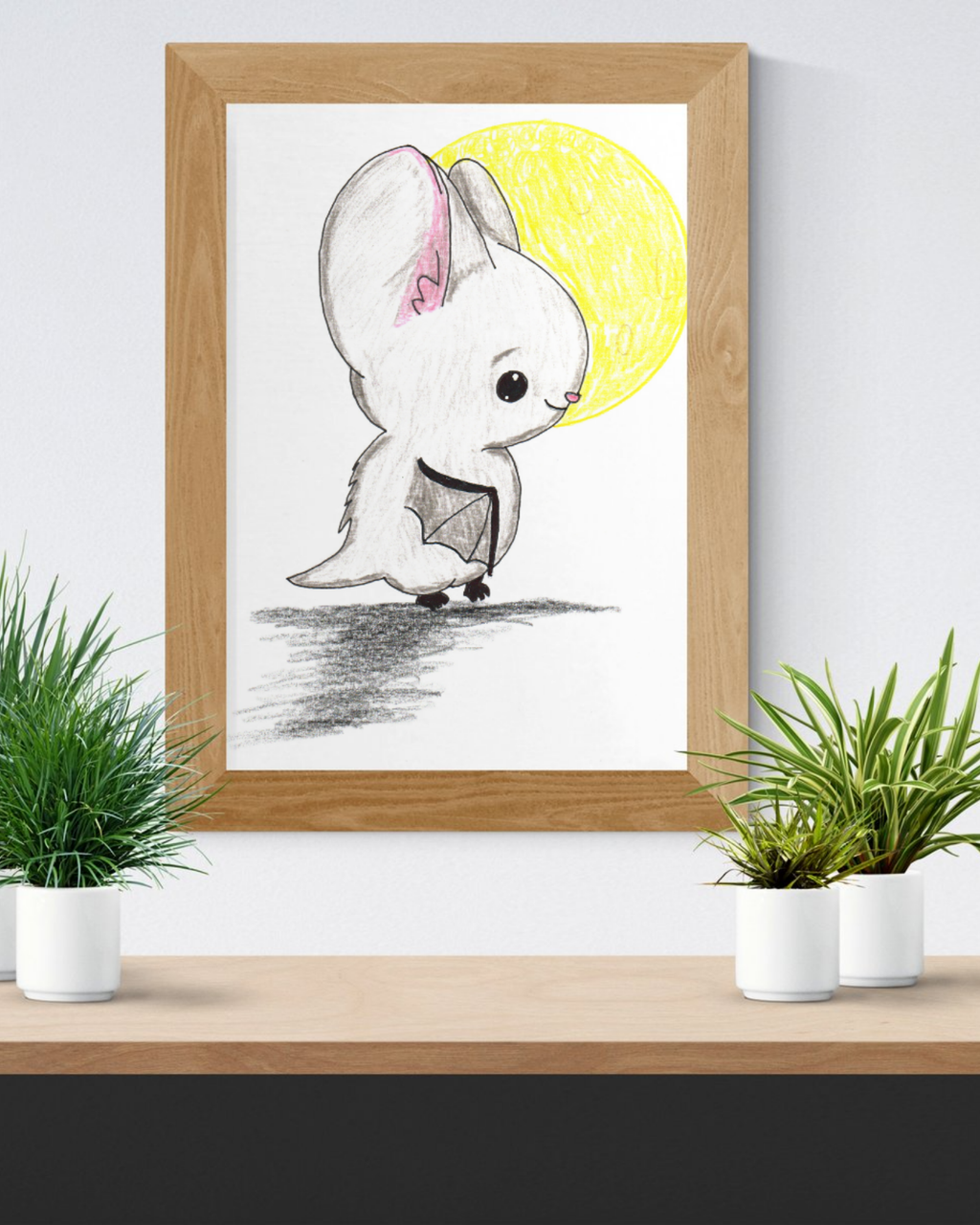 Bat in Moonlight Print, Cute Bat Wall Art, Hand Drawn Nursery Decor, Whimsical Animal Illustration