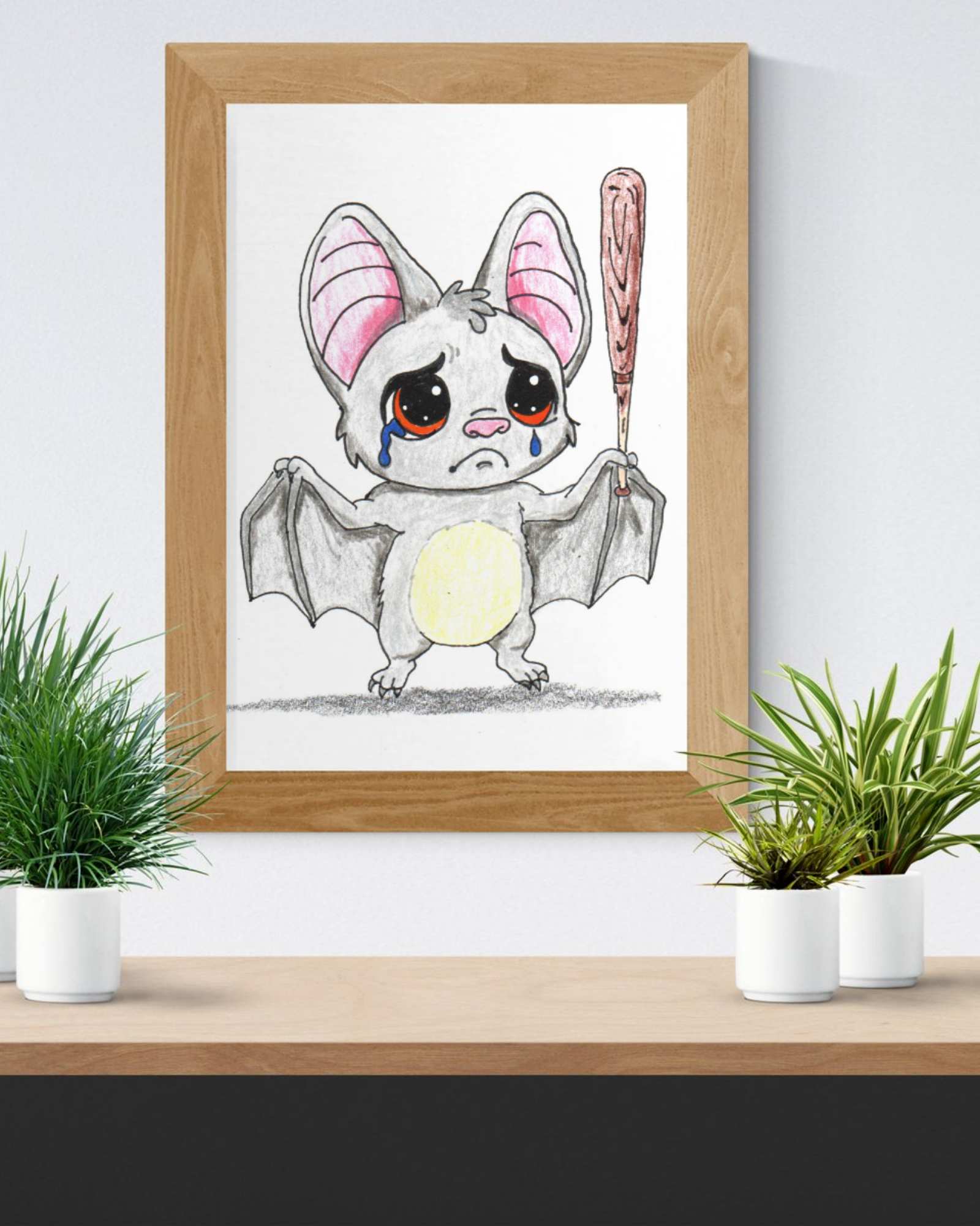 Lost His Baseball Bat Print | Sad Bat Wall Art | Lost & Found Critter 8x10 Print