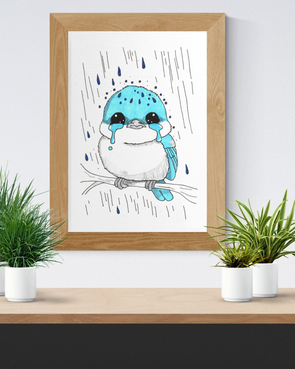 Sad Bluebird in the Rain Poster, Nursery Wall Art, Cute Animal Illustration Print