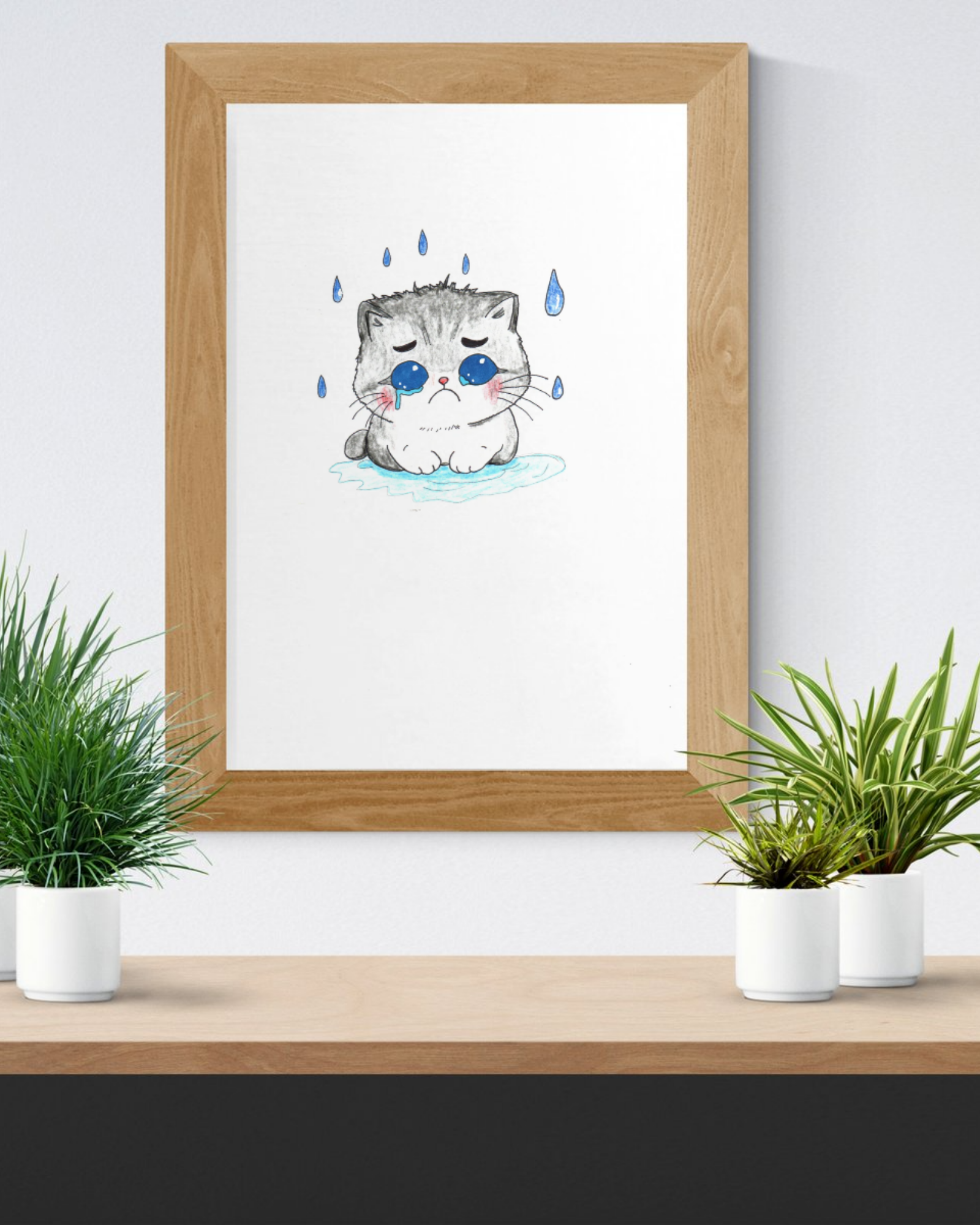 Blue Eyed Kitten in Rain Print, Hand Drawn Cat Wall Art, Sad Kitten Illustration, Nursery Decor, Cat Lover Gift