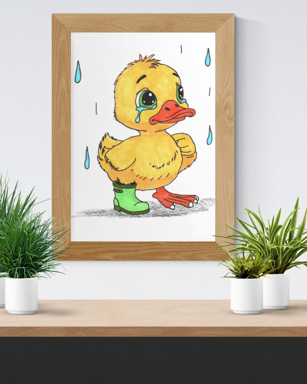 Sad Duck Lost Her Rain Boot Print, Hand Drawn Duckling Wall Art, Nursery Decor, Woodland Critter Illustration