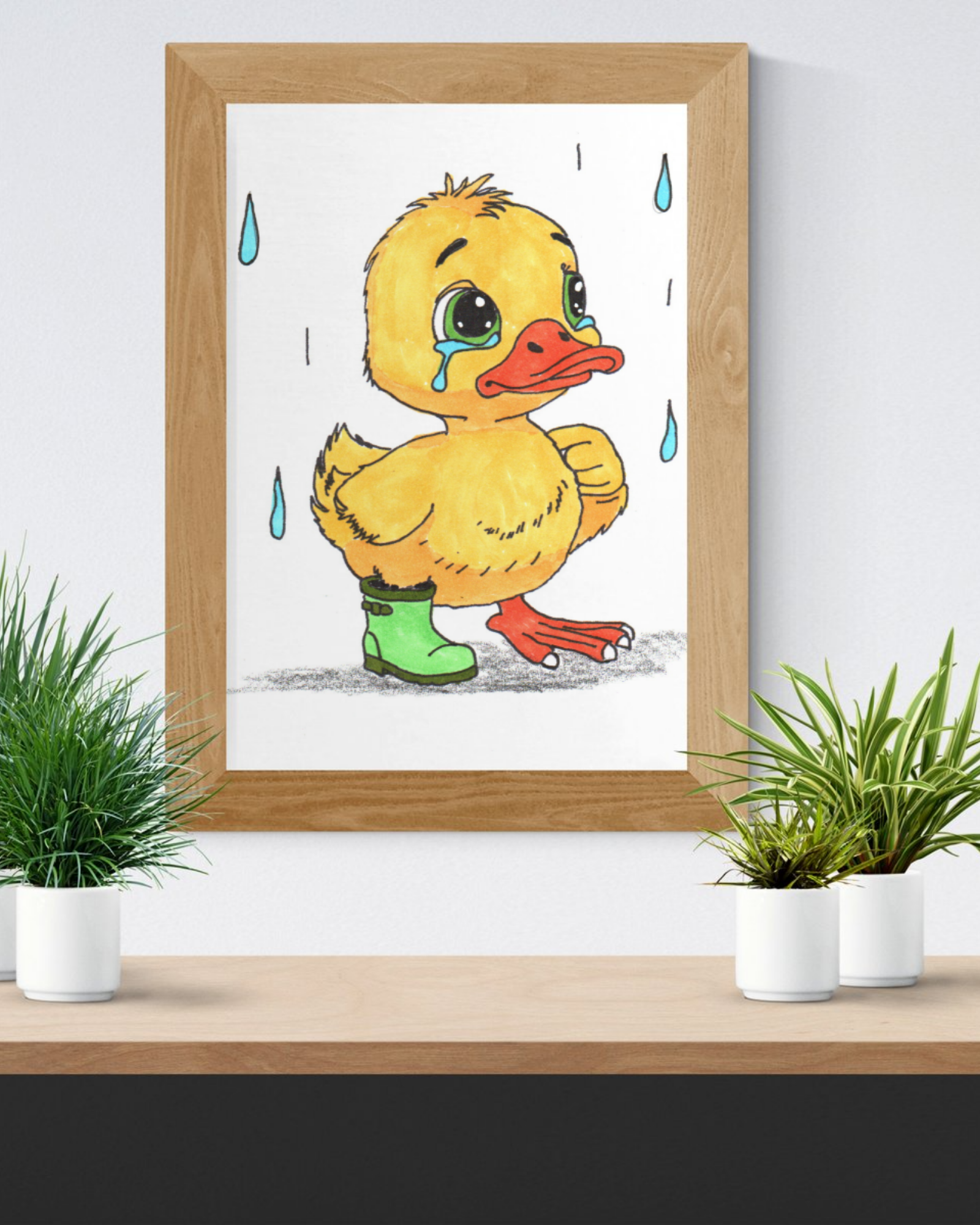 Sad Duck Lost Her Rain Boot Print, Hand Drawn Duckling Wall Art, Nursery Decor, Woodland Critter Illustration