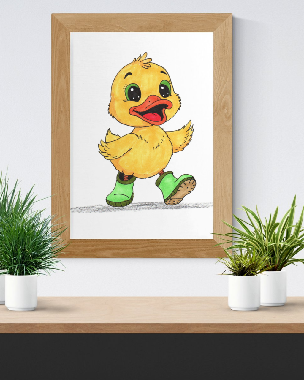Duck Found Her Rain Boot Print, Hand Drawn Duckling Wall Art, Nursery Decor, Happy Duck Illustration