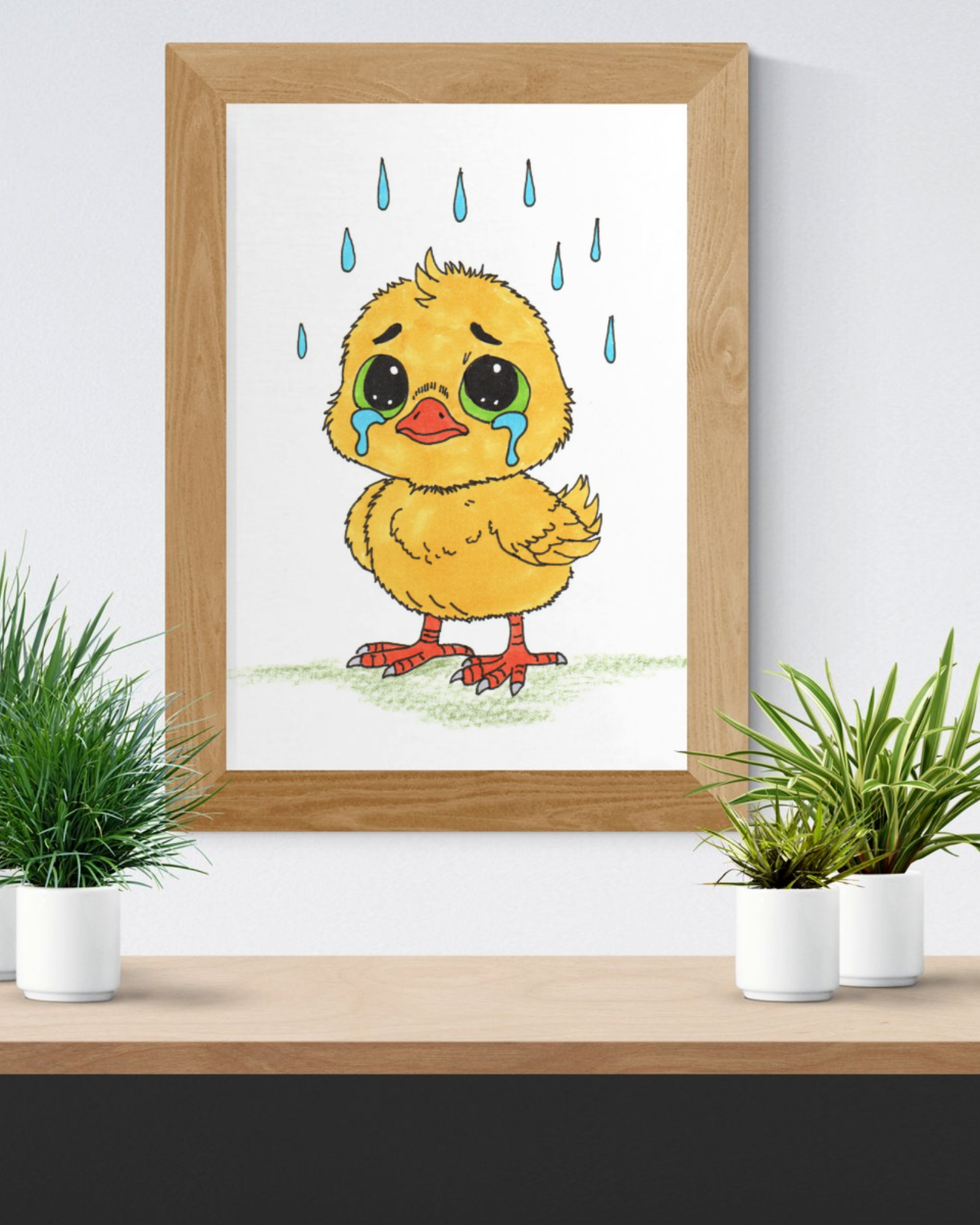 Sad Chick in the Rain Print, Hand Drawn Baby Bird Wall Art, Nursery Decor, Emotional Animal Illustration, Kids Room Artwork
