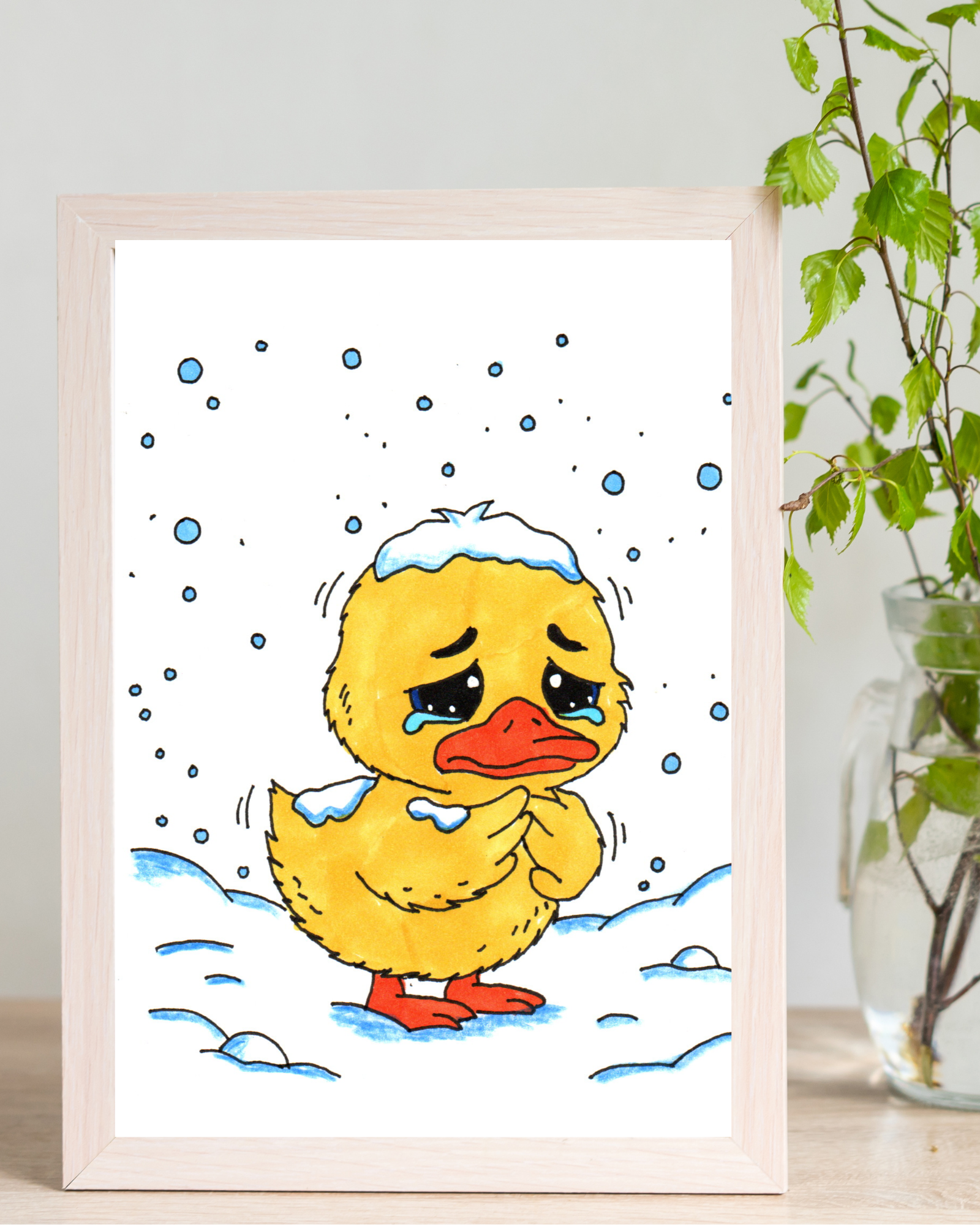 Cold Duckling in the Snow Print, Sad Winter Duck Wall Art, Hand Drawn Nursery Decor, Whimsical Animal Illustration