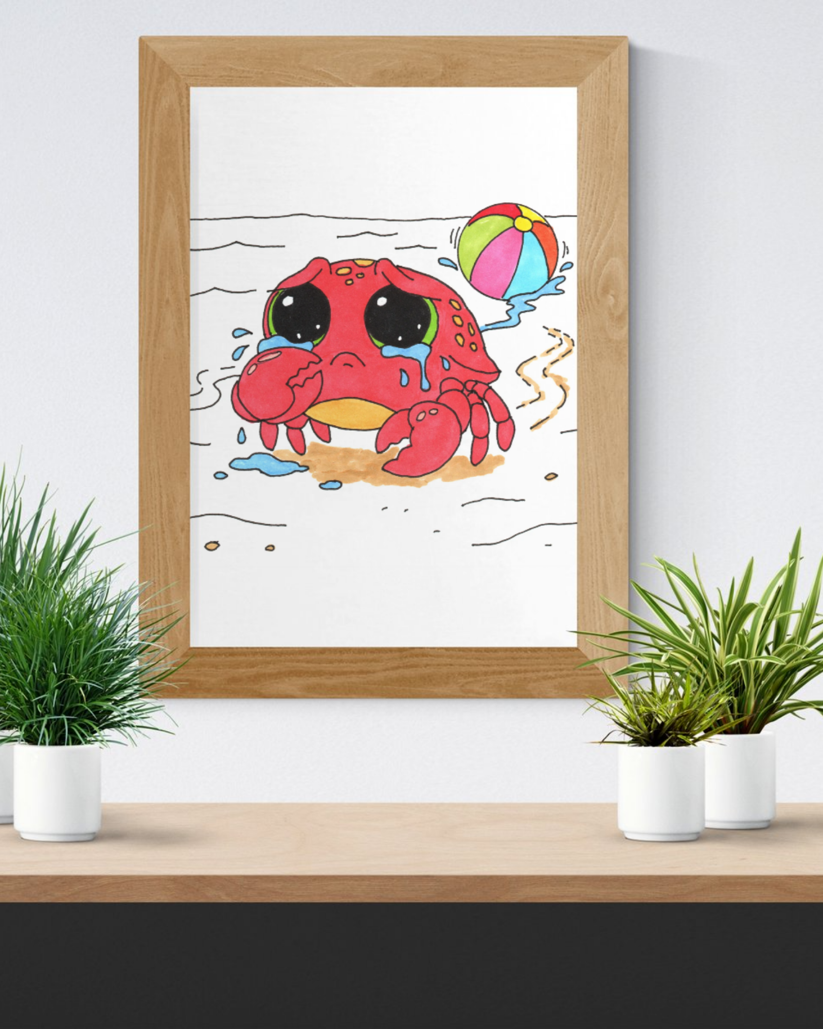 Crab - Sad Crab Lost Her Ball Print, Hand Drawn Crab Wall Art, Whimsical Nursery Decor, Woodland Animal Illustration