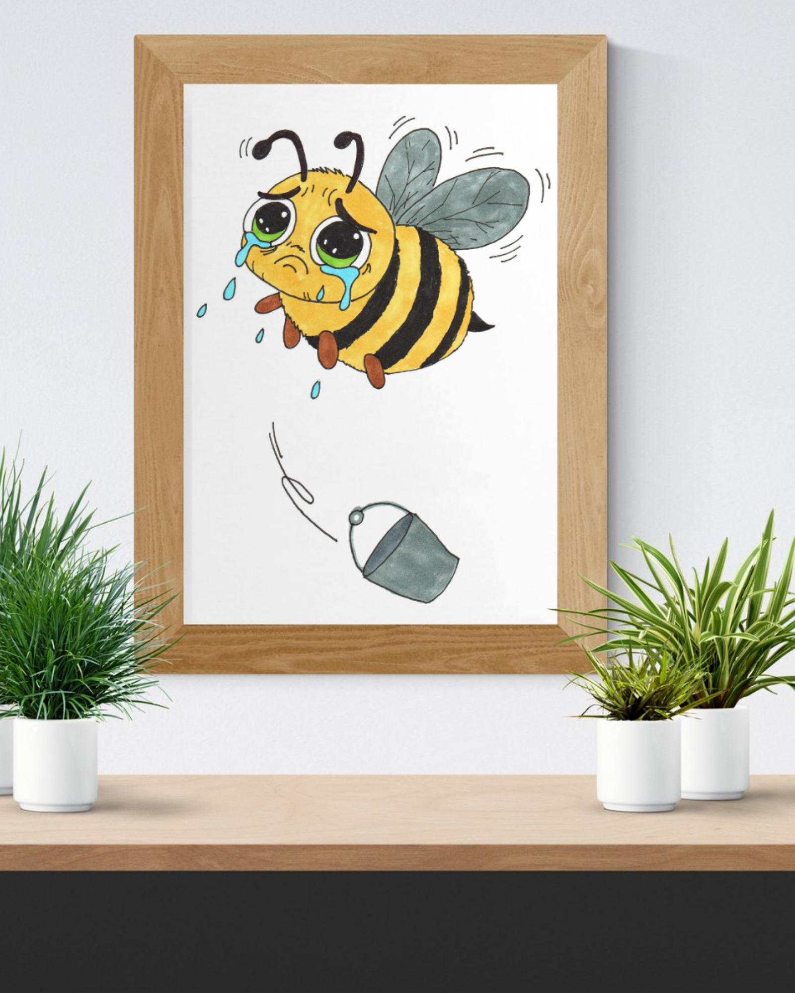 Bee Lost Her Bucket Print, Sad Bumblebee Wall Art, Hand Drawn Bee Illustration, Whimsical Insect Decor, Nursery Art, Lost and Found Critters