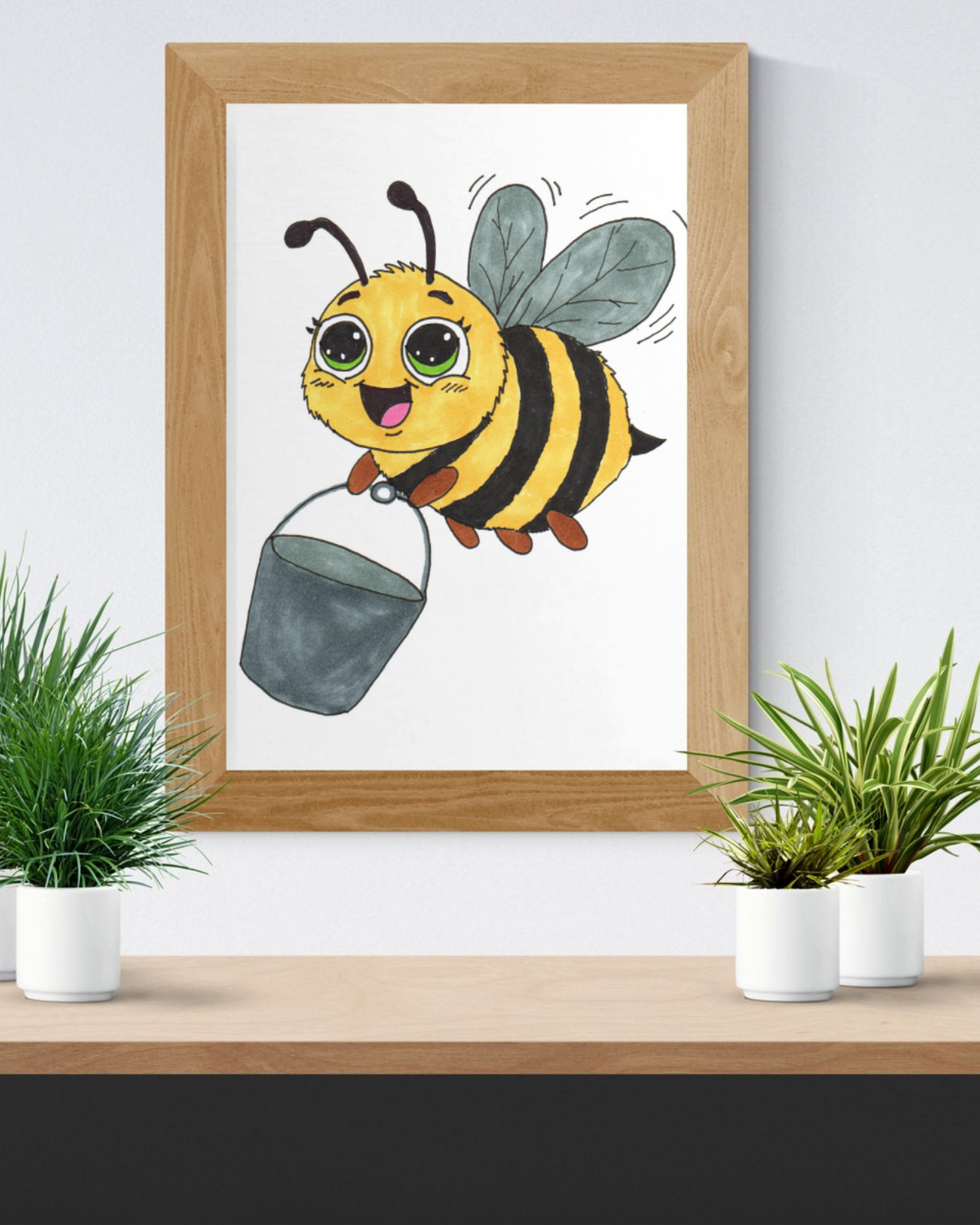 Bee Found Her Bucket Print, Hand Drawn Bee Illustration, Whimsical Insect Decor, Nursery Art, Lost and Found Critters