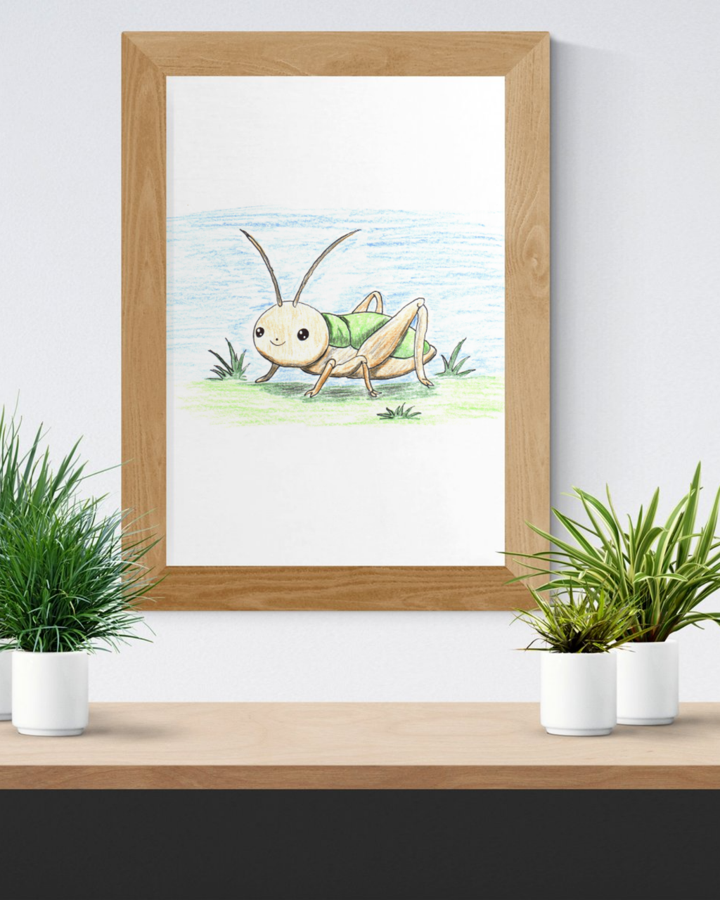 Smiling Cricket in Field Print, Hand Drawn Cricket Wall Art, Nature Nursery Decor, Whimsical Cricket Artwork, 8x10 Print