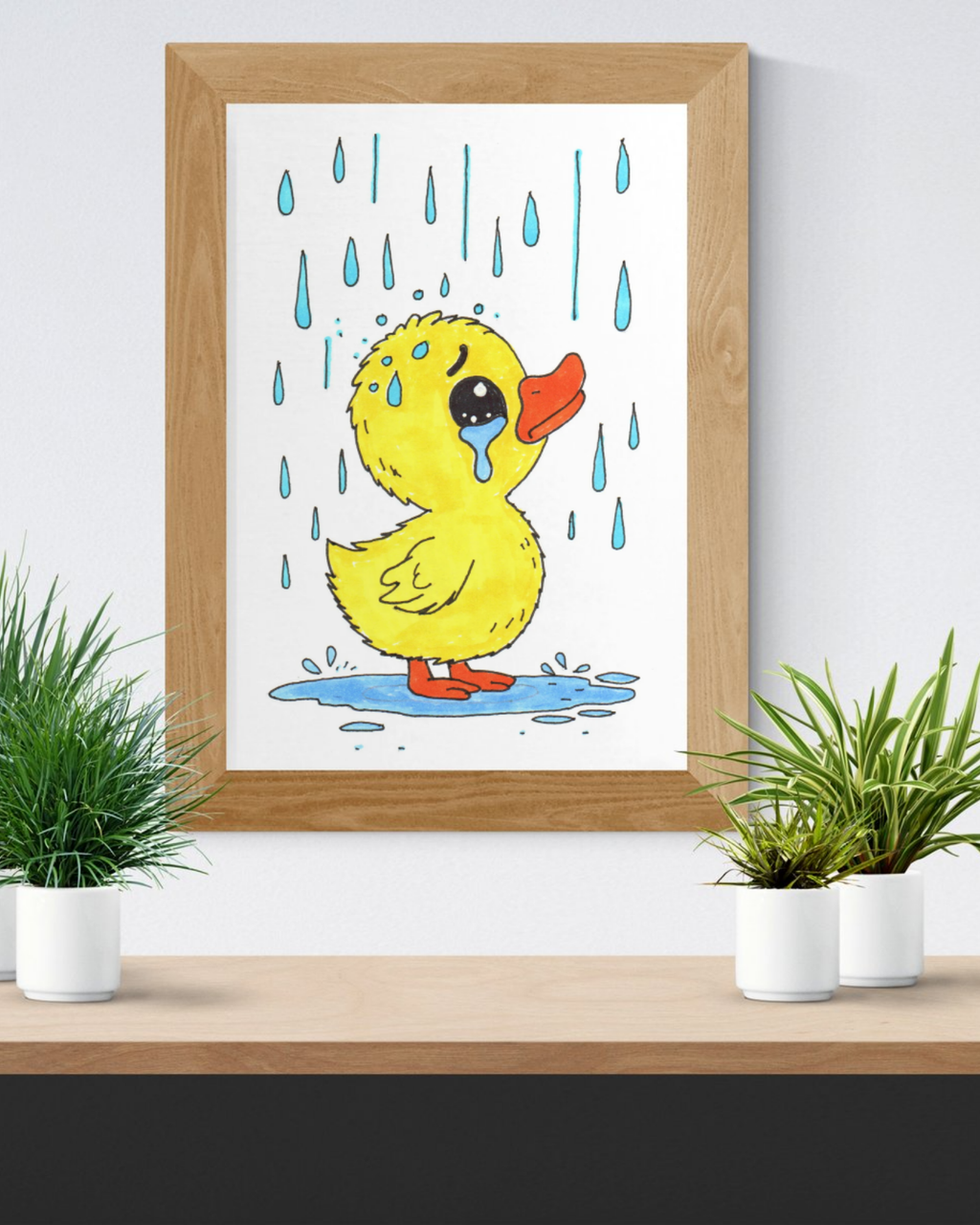 Duckling in the Rain Print, Sad Duck Wall Art, Hand Drawn Duckling Illustration, Rainy Day Nursery Decor, Whimsical Animal Art