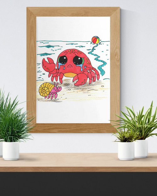 Crab - Sad Crab Finds a New Friend Print, Hand Drawn Crab Wall Art, Beach Friendship Decor, Whimsical Ocean Animal Illustration