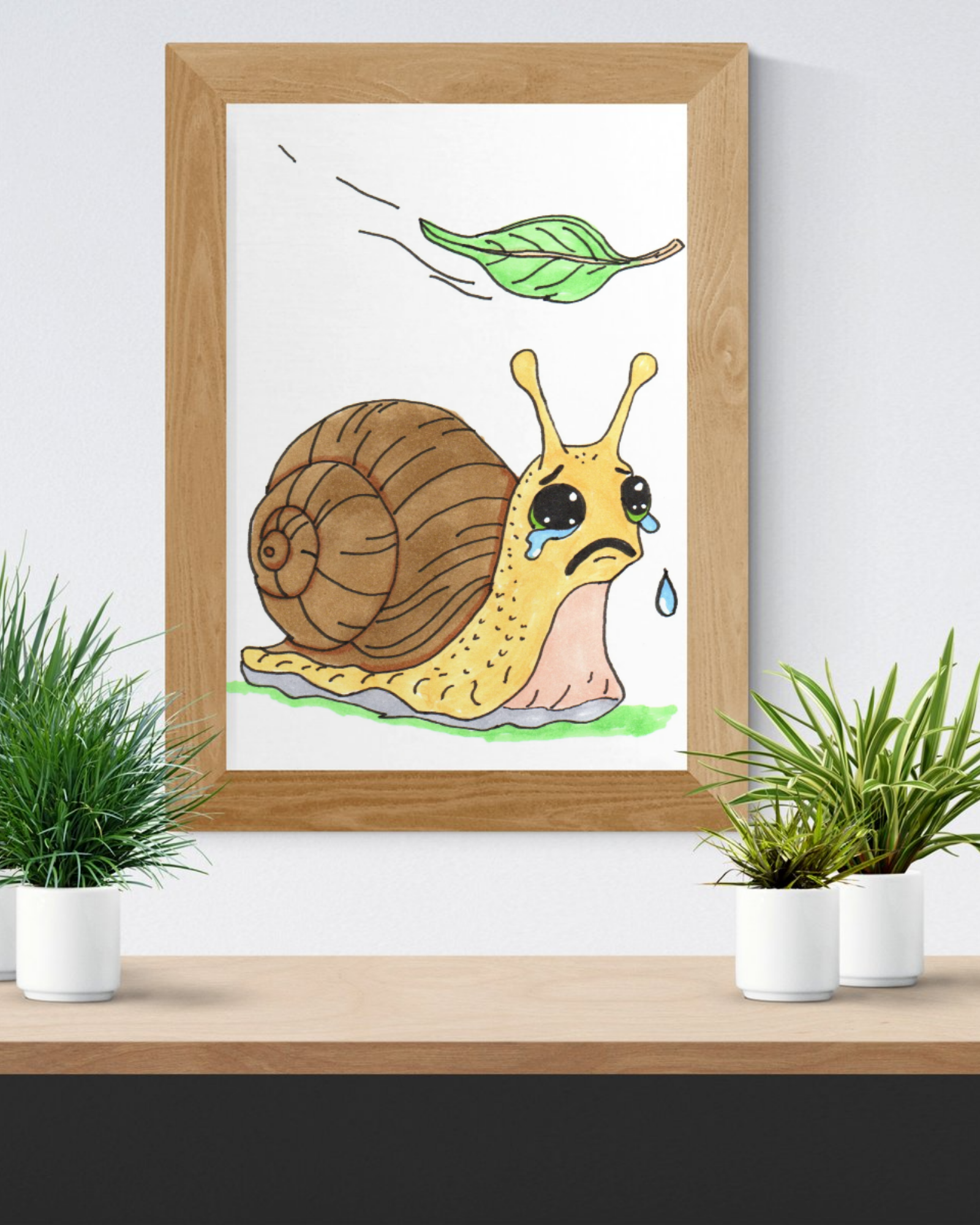 Sad Snail Lost Her Leaf Print, Hand Drawn Snail Wall Art, Whimsical Garden Decor, Cute Nature Illustration, Lost & Found Critter
