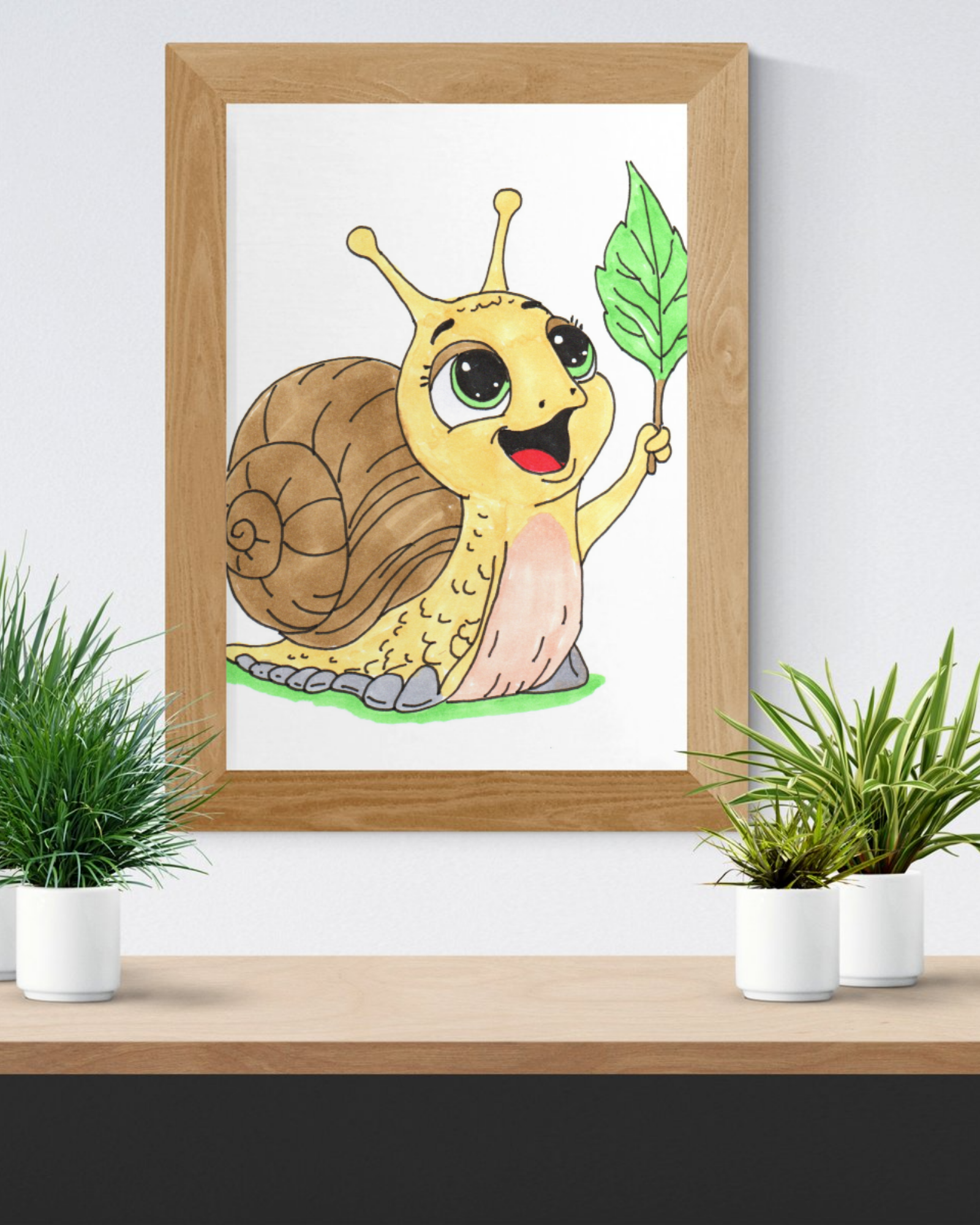 Happy Snail Found Her Leaf Print, Hand Drawn Snail Wall Art, Cute Garden Decor, Whimsical Nature Illustration, Lost & Found Critter
