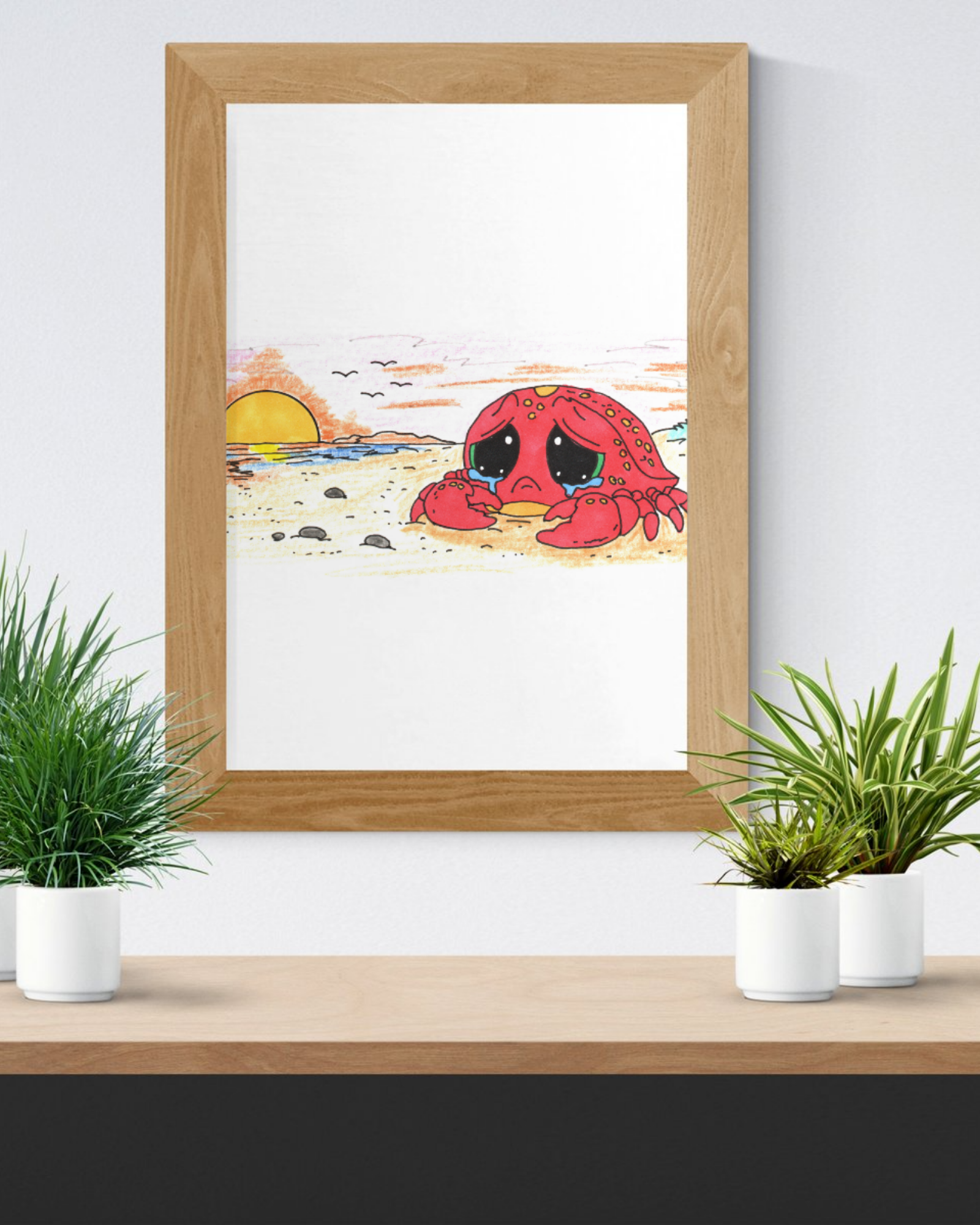 Crab - Sad Crab Searched all Day Print, Hand Drawn Crab Wall Art, Whimsical Nursery Decor, Woodland Animal Illustration