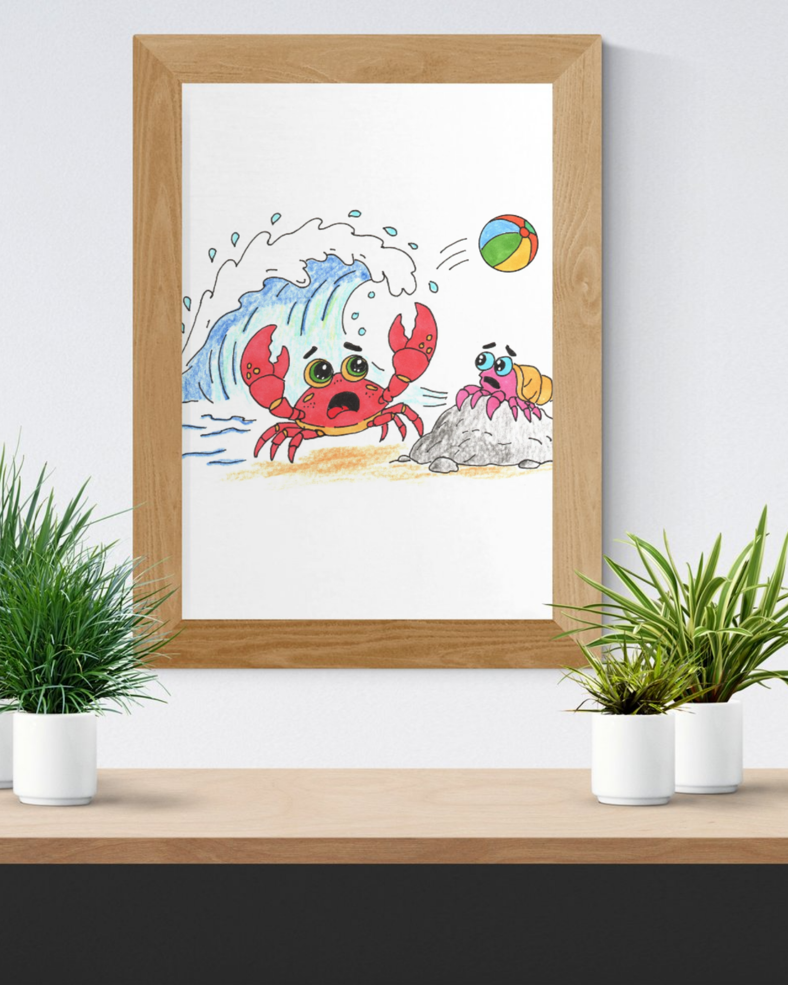Crab - Big Wave Beach Print, Hand Drawn Crab Wall Art, Ocean Adventure Illustration, Coastal Nursery Decor