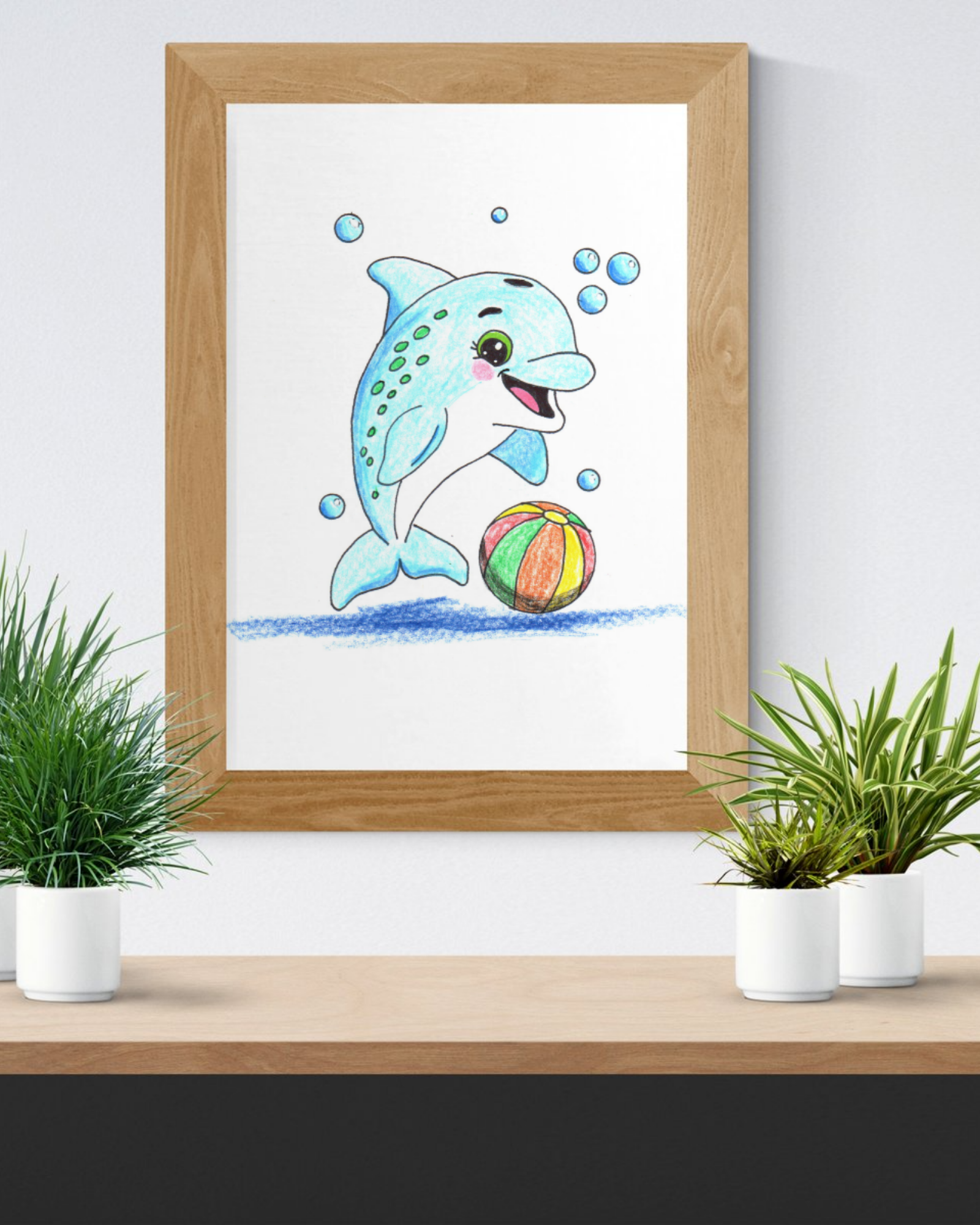Happy Dolphin Found Her Beach Ball Print, Hand Drawn Dolphin Wall Art