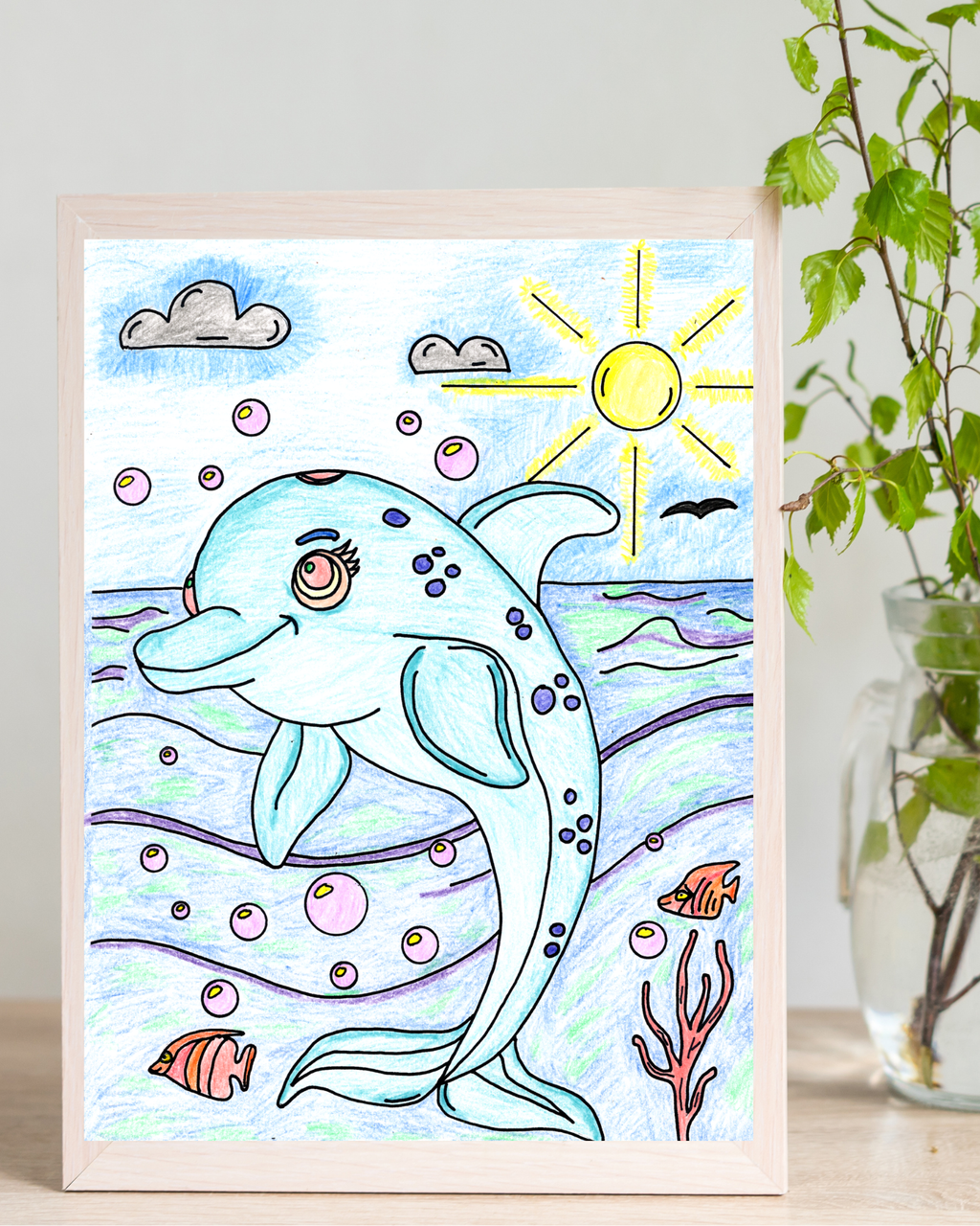 Happy Dolphin Ocean Print, Hand Drawn Sea Animal Wall Art, Cute Dolphin Illustration, Beach Nursery Decor, Children's Room Artwork