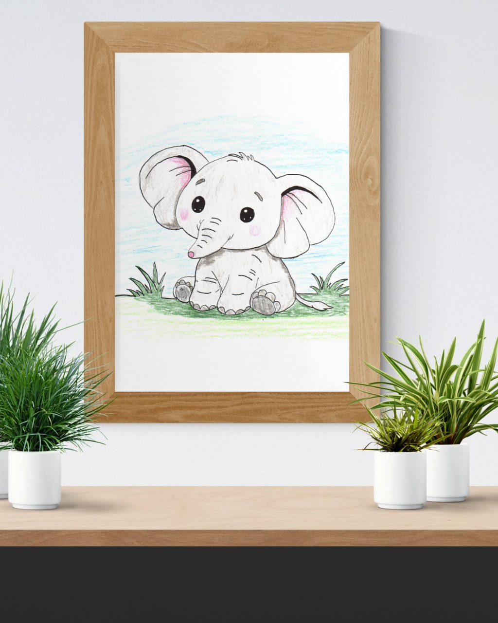 Elephant Sitting on the Grass Print, Cute Elephant Wall Art, Hand Drawn Nursery Decor